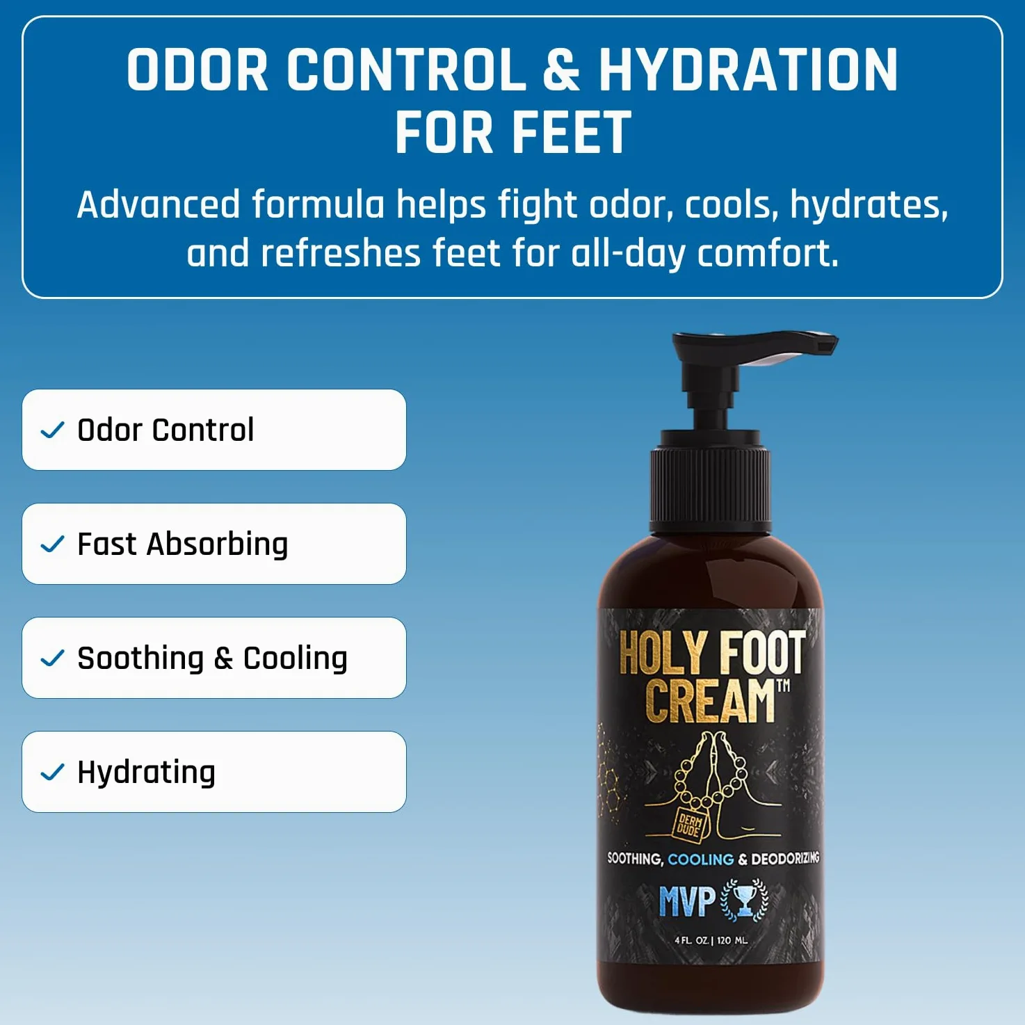 Derm Dude Holy Foot Cream, Crema idratante per piedi per talloni secchi e screpolati, elimina gli odori sui piedi, con Rurruz, Deoplex e Aloe, Aroma Mvp