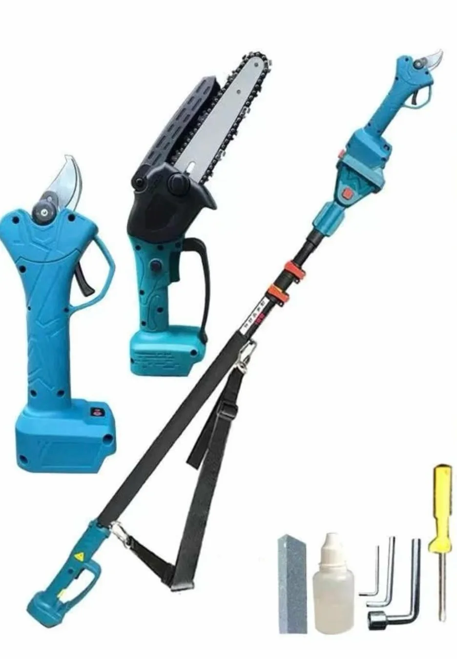 Accessori Kit Potatura 3 in 1 a Batteria: Forbici Elettriche + Mini Motosega 6” + Asta Telescopica 128-248 cm