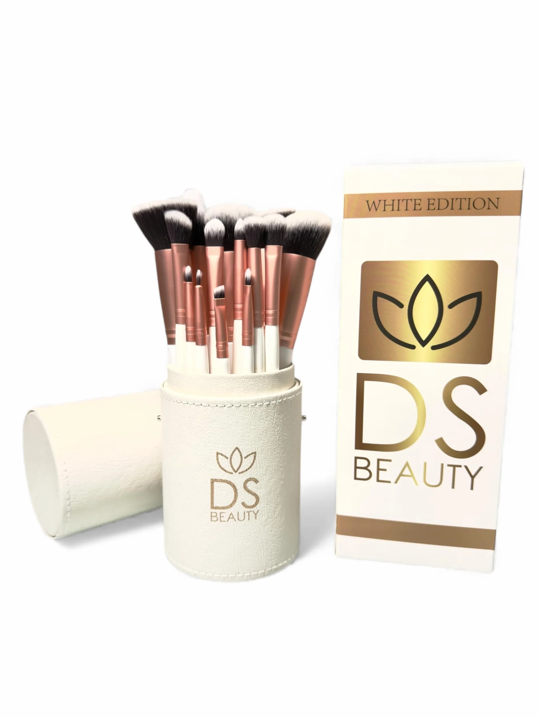 Set di 14 Pennelli Make Up Professionali - Morbidi, Ipoallergenici, per Fondotinta, Ombretti e Cipria in Custodia Elegante e Portatile a Tubo - Ideale per Principianti ed Esperti (Bianco)