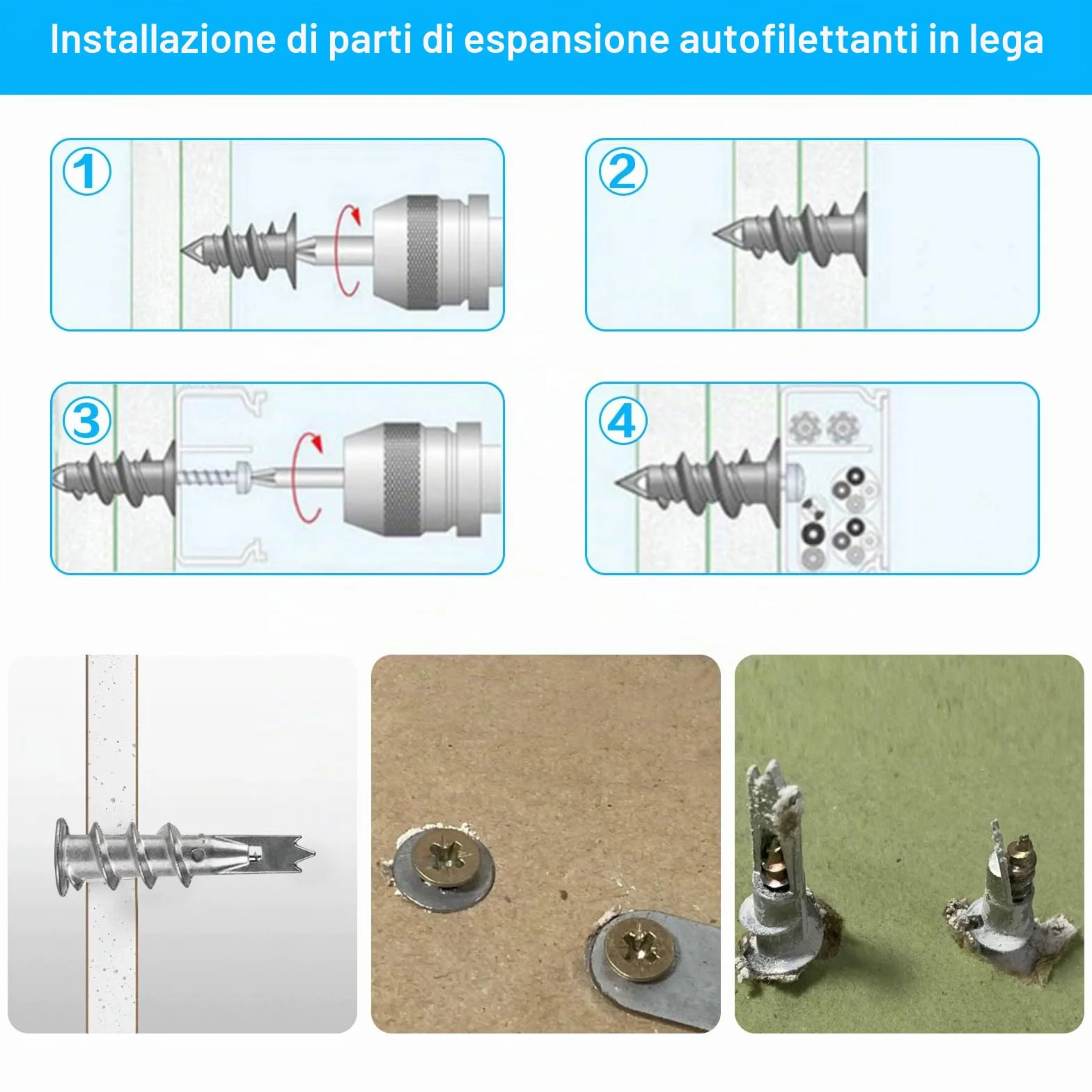 Tasselli Autofilettanti in Metallo per Cartongesso 90 Pezzi M4 Impieghi Gravosi