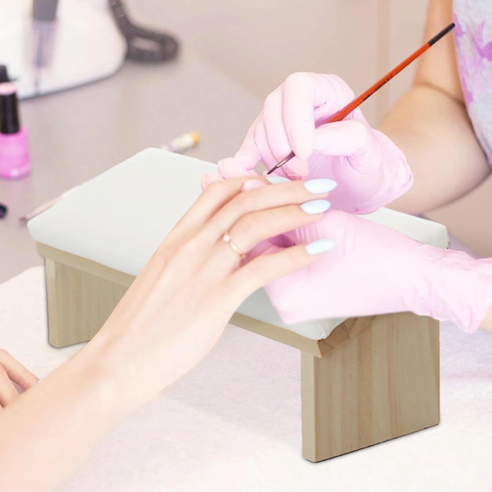 Bracciolo per tecnici delle unghie, comodo per manicure, poggiabraccia in pelle PU, design smussato in legno PU, supporto robusto per la casa