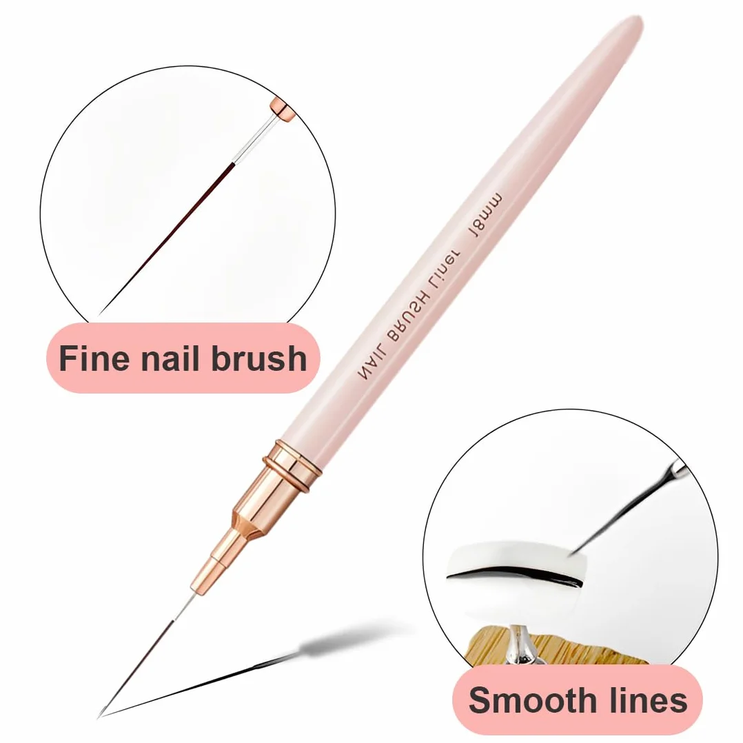 WeddHuis Pennelli per nail art, 5 pennelli per nail art, set di pennelli per disegnare e punteggiare le unghie, per linee lunghe, dettagli sottili, dimensioni 6/9/12/15/18 mm,rosa