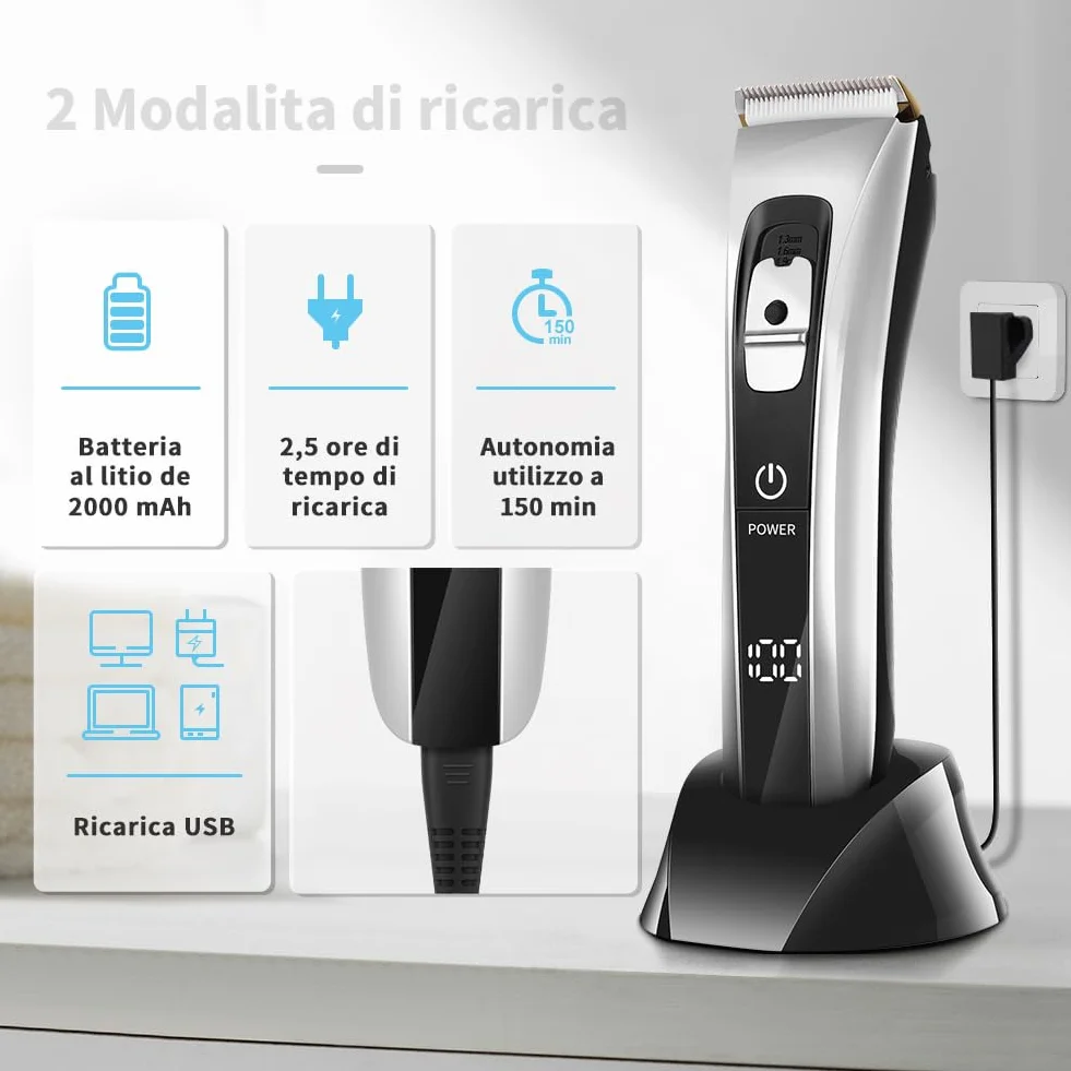 Tagliacapelli Uomo Professionale Regolabarba Elettrico Lama Regolabile Ceramica Titanio con 8 Pettine di Precisione Schermo LCD Impermeabile
