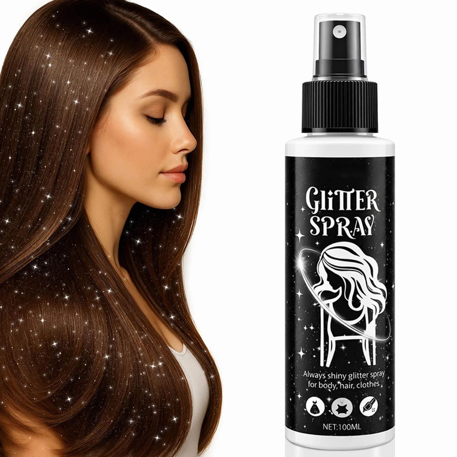 Spray glitter argento, glitter spray per capelli e corpo, glitter per viso e vestiti, body glitter spray con nebbia ultra fine, accessori per festival ad asciugatura rapida per Halloween Carnevale