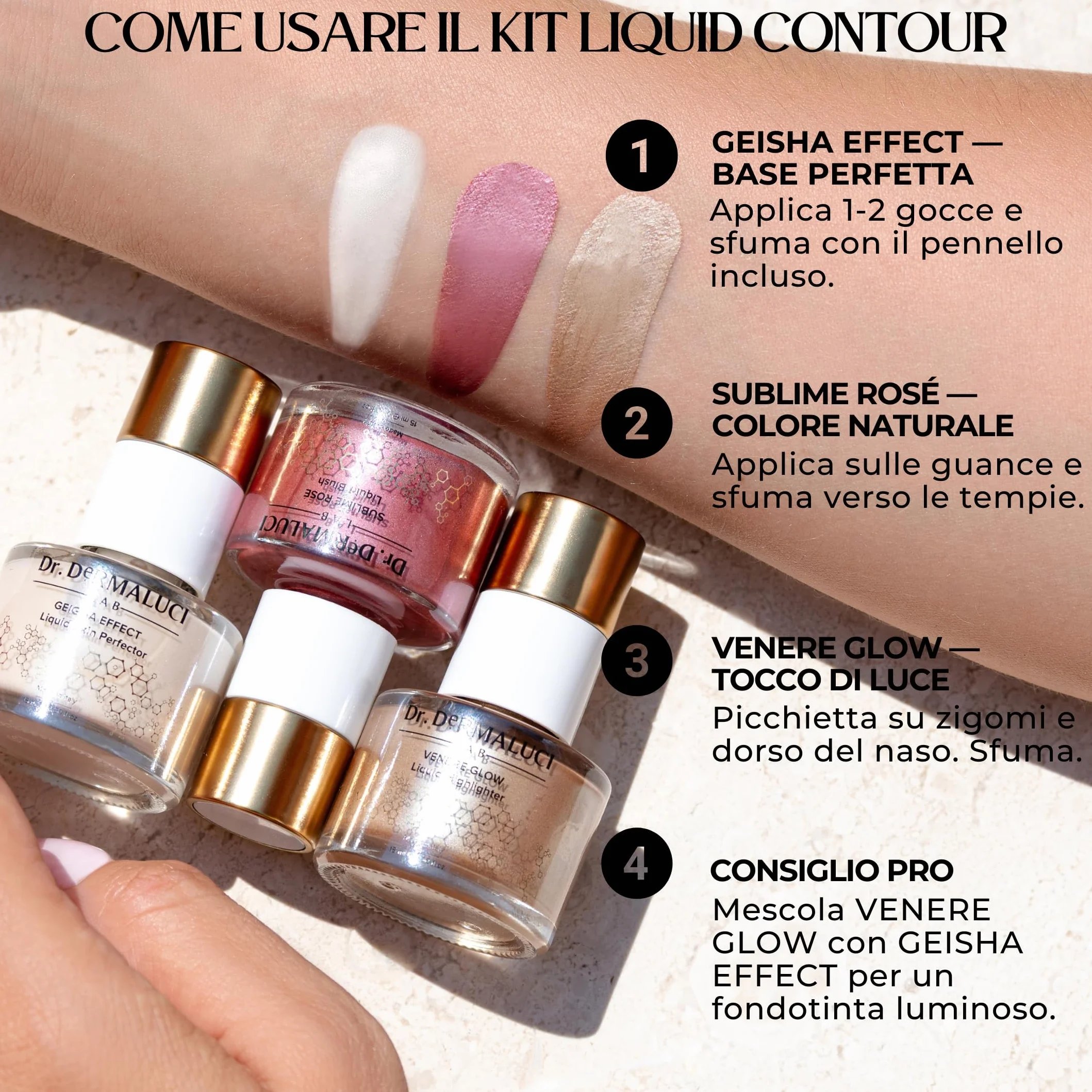 Dr. Dermaluci Lab Kit Contouring Viso - Blush Liquido + Illuminante Viso + Skin Perfector - Make Up Trucchi, Bronzer, Pelle Sensibile, Idee Cofanetto Regalo Donna, Made in Italy