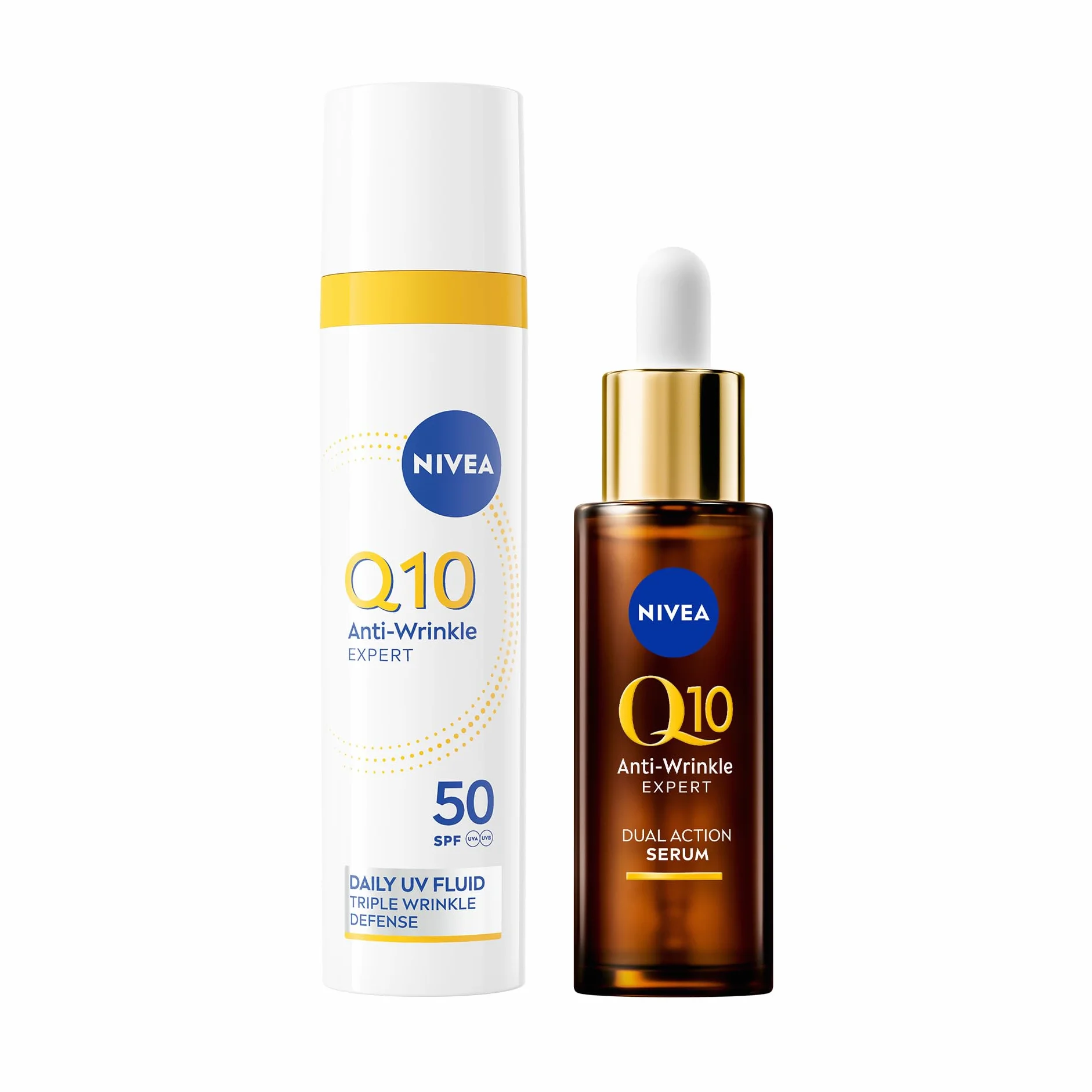 NIVEA Q10 Expert Skincare Kit Anti-Rughe, Set skincare completo con Siero Viso Doppia Azione 30 ml e Fluido UV Quotidiano Crema Viso SPF 50 40 ml per una pelle protetta e dall'aspetto più giovane