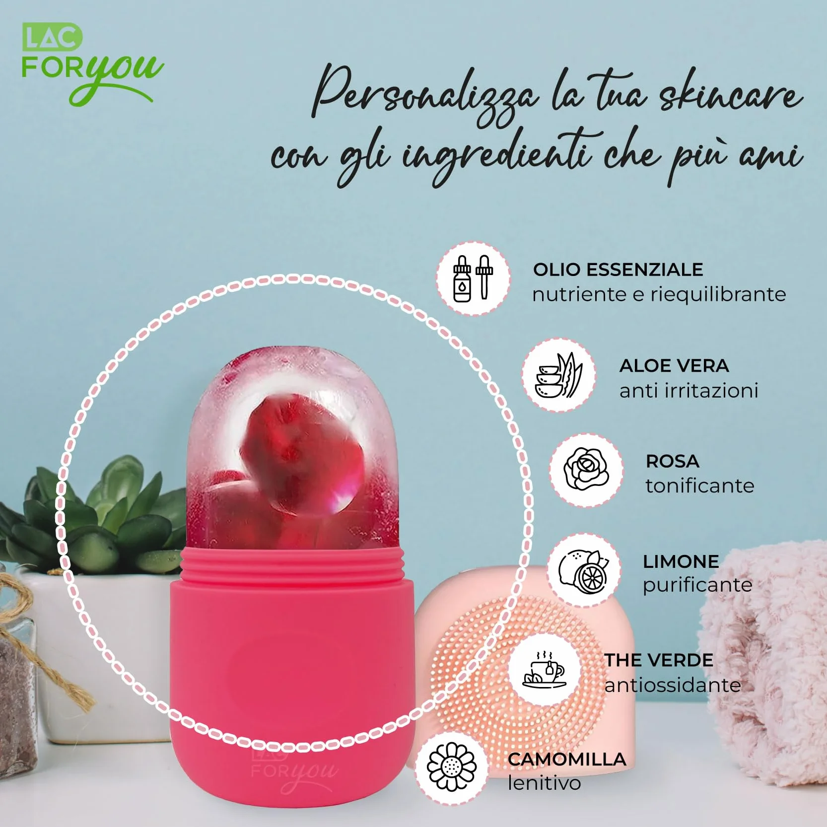 LAC FOR YOU Ice Roller Viso - Rullo Ghiaccio + Spazzola Pulizia Viso - Skincare Accessori per Ridurre il Gonfiore e Restringere i Pori
