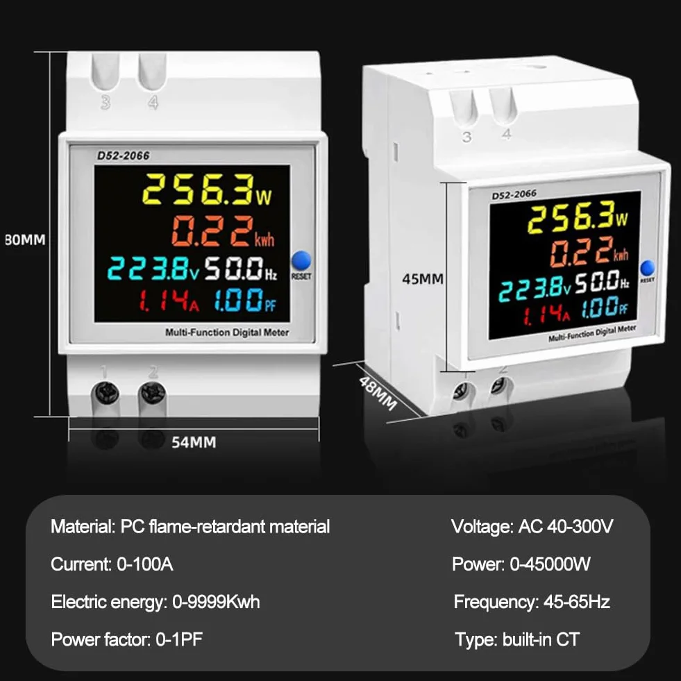 Contatore Energia Elettrica AC40-300V 100A Multifunzione 6 in 1 Digitale Amperometro Voltmetro Guida DIN Monofase 230V