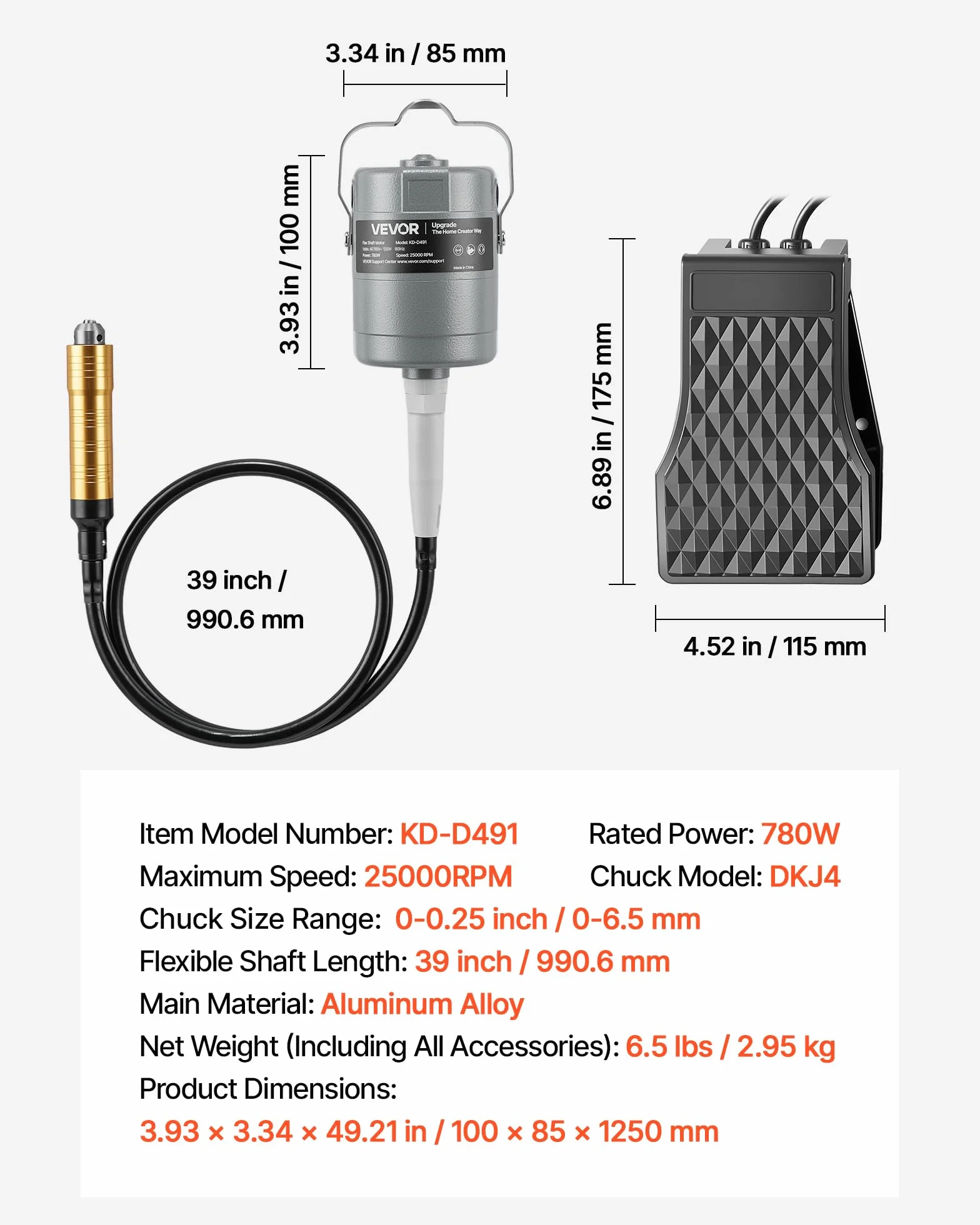 VEVOR Smerigliatrice ad Albero Flessibile 780 W 25000 giri/min Elettrica Lucidatrice Sospesa con Controllo a Pedale