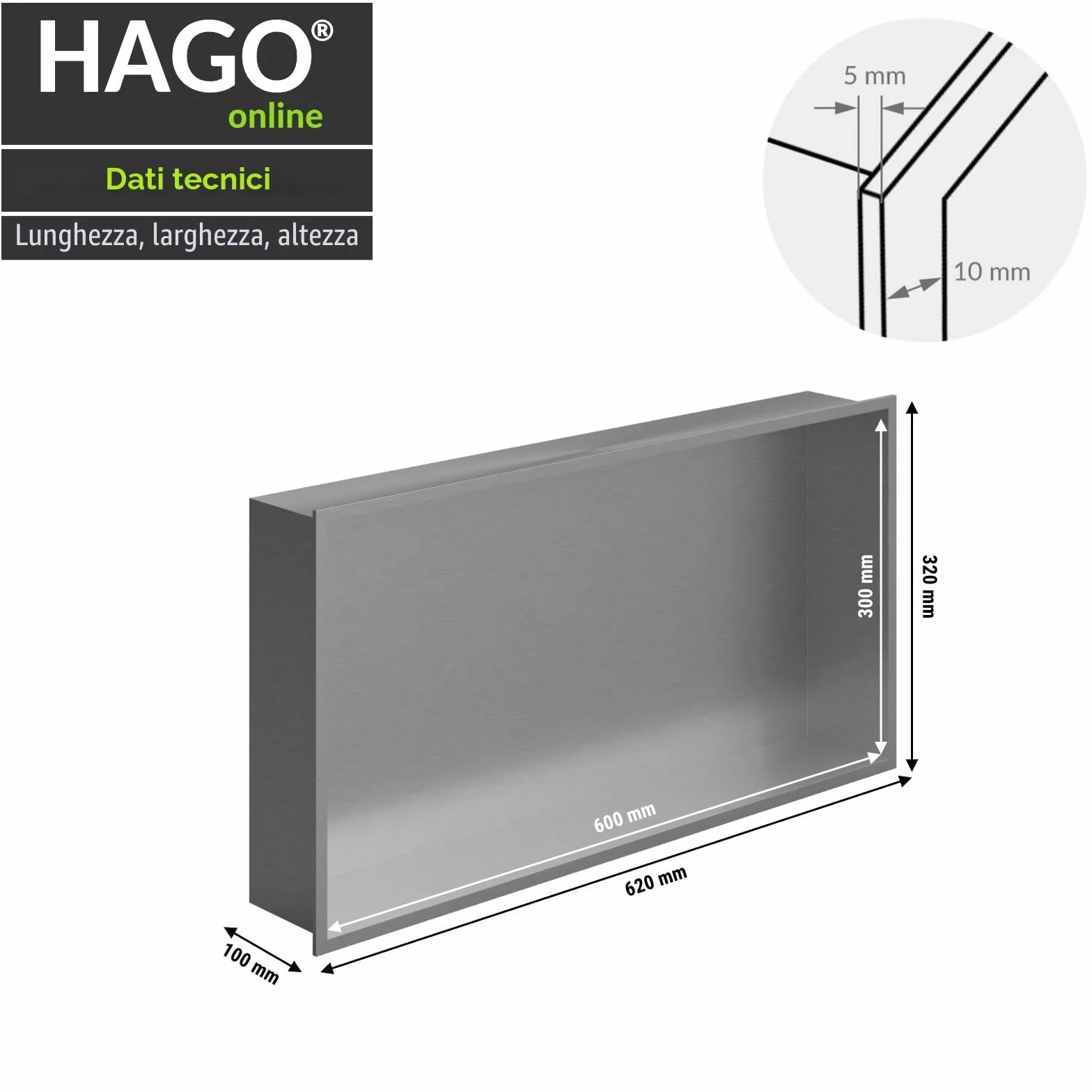Cuccia per doccia in acciaio inox spazzolato 60x30 cm montaggio a incasso
