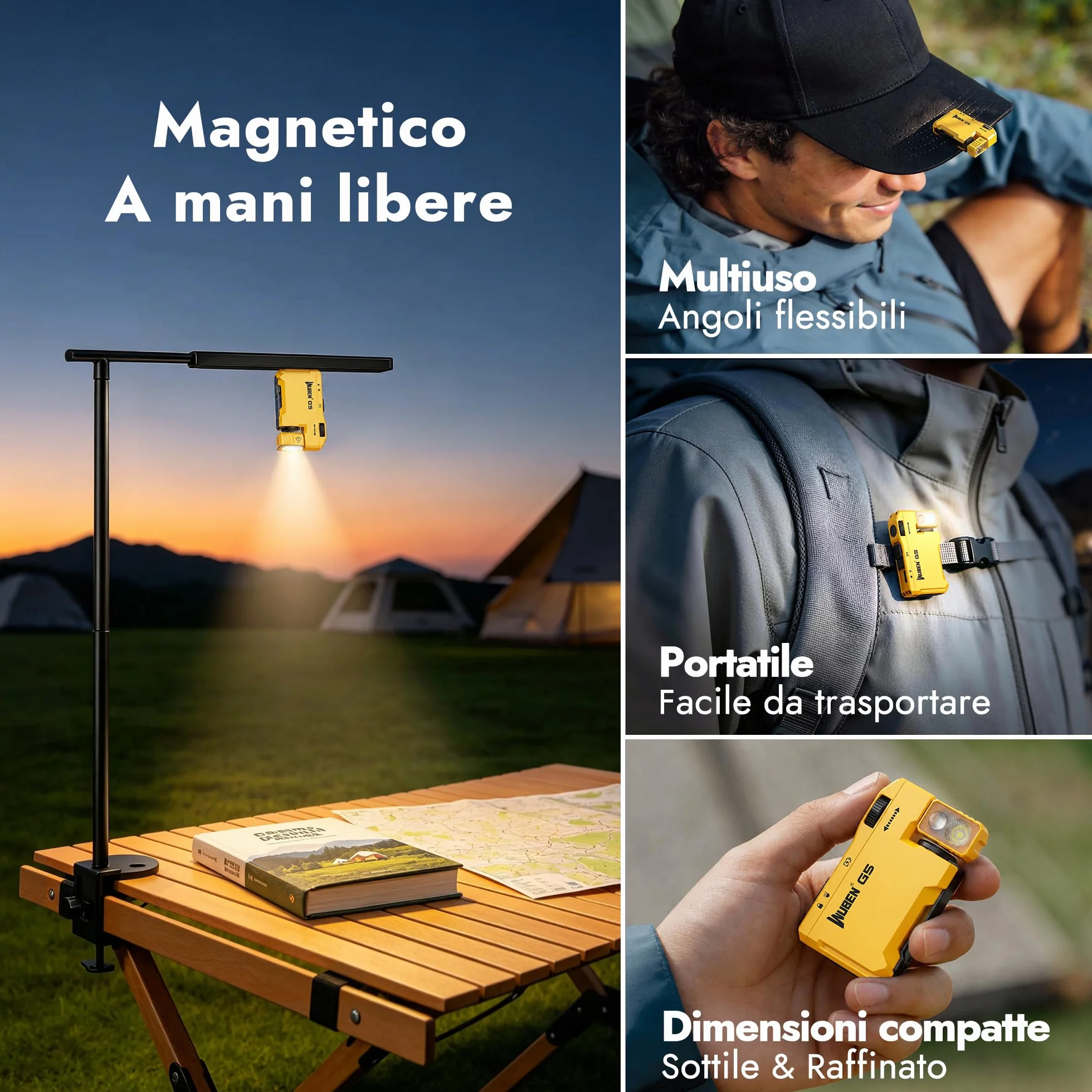 WUBEN G5 Torcia LED Ricaricabile USB 400 Lumen Luce RGB Base Magnetica Impermeabile 6 Modalità Campeggio Escursionismo Emergenze EDC Giallo