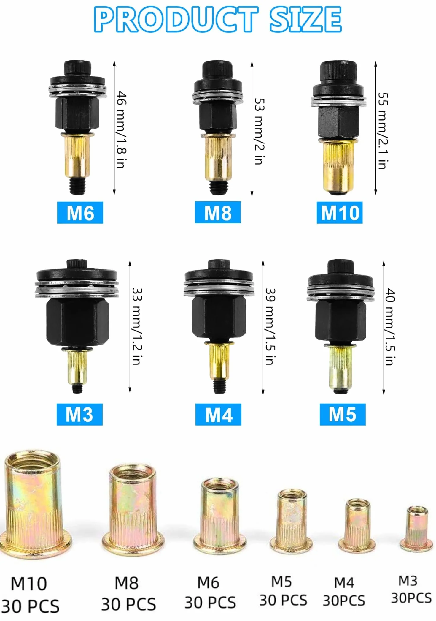 Set Rivettatrice Manuale Inserti Filettati M3 M4 M5 M6 M8 M10 186 Pezzi Nero