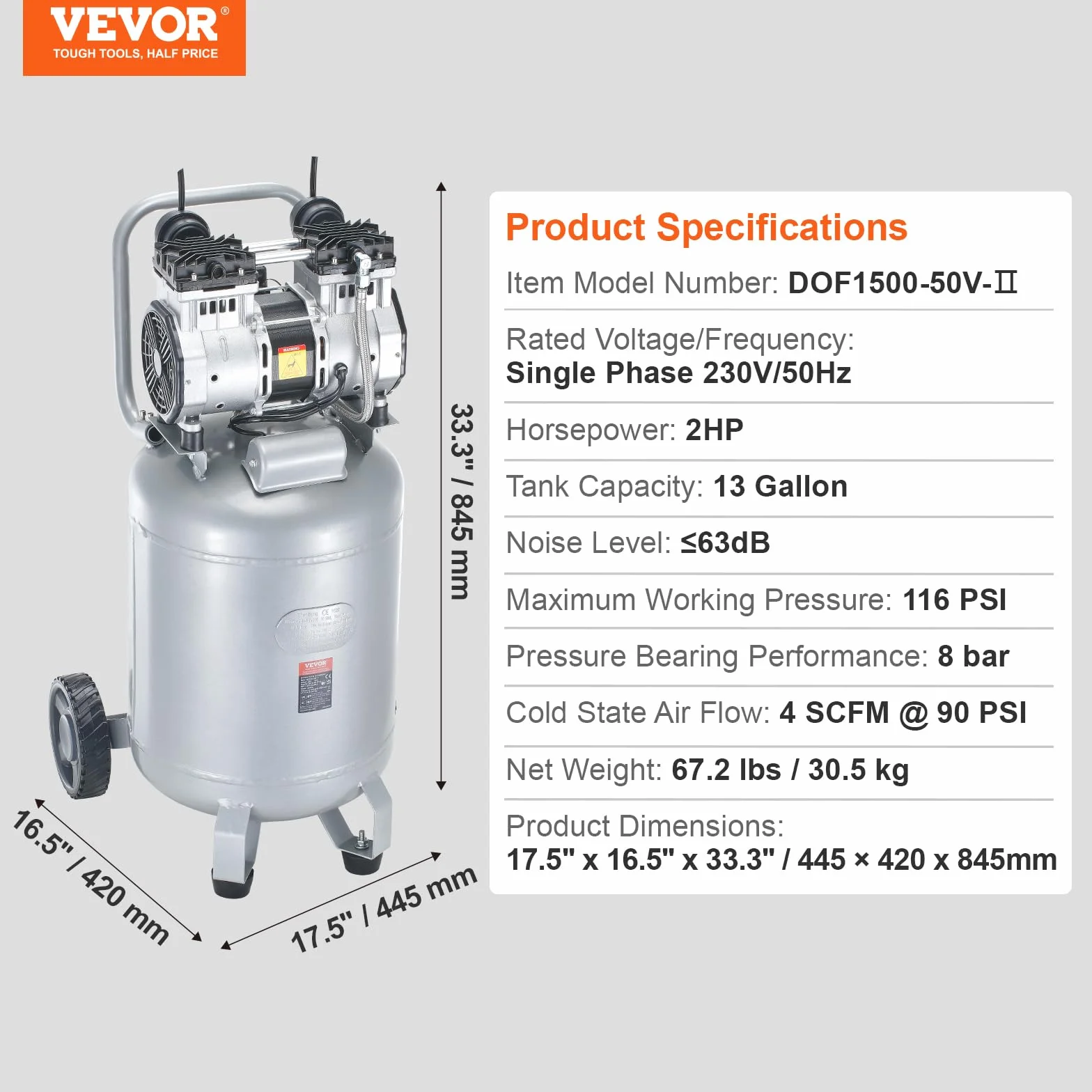 VEVOR Compressore d'Aria Senza Olio 13 Galloni 49 L Serbatoio 2 CV