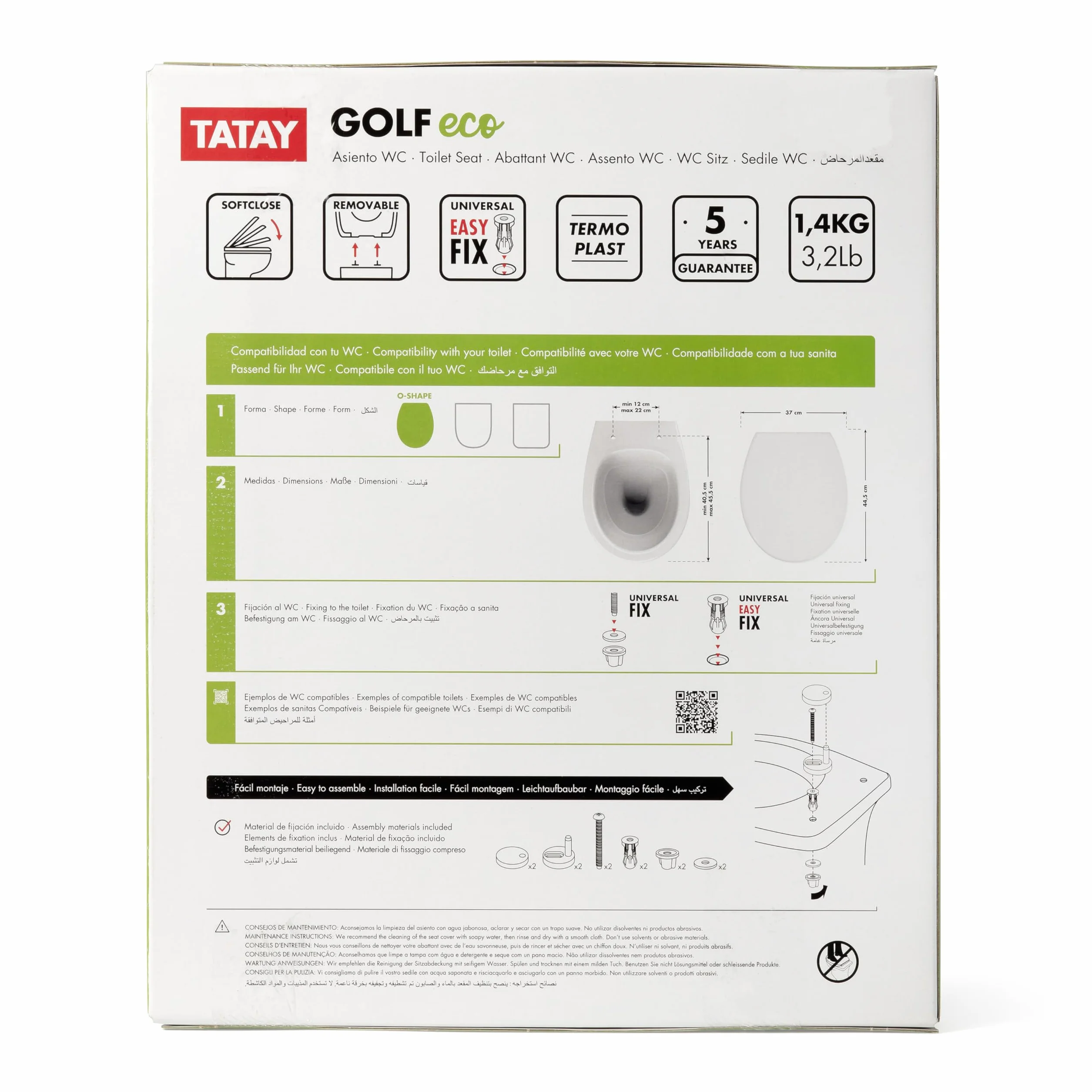 TATAY Tavoletta WC Universale con Chiusura Ammortizzata 37x44,5 cm Bianco Modello Golf
