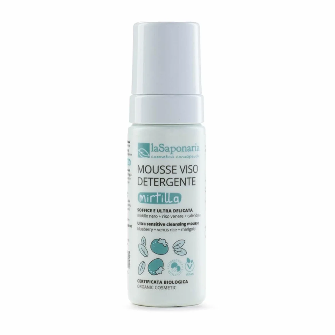 La Saponaria | Mousse detergente bio viso Mirtilla, Ingredienti naturali e sostenibili, Acqua costituzionale di Mirtillo nero, rigenerante e antiossidante, Acido Ialuronico, Calendula, 150ml
