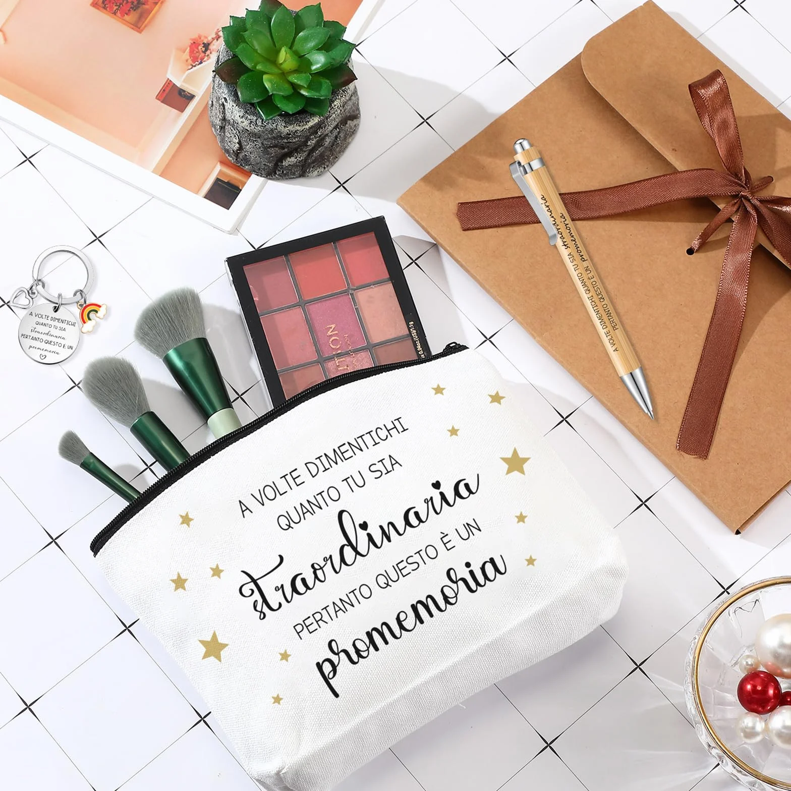 Set Regalo Motivazionale Portachiavi Regalo Ispiratore Citazione Ispiratrice Borsa per Trucco Penna a Sfera con Sacchetto Regalo per Collega e Amica Compleanno Natale Regalo(Bianco,Legno)