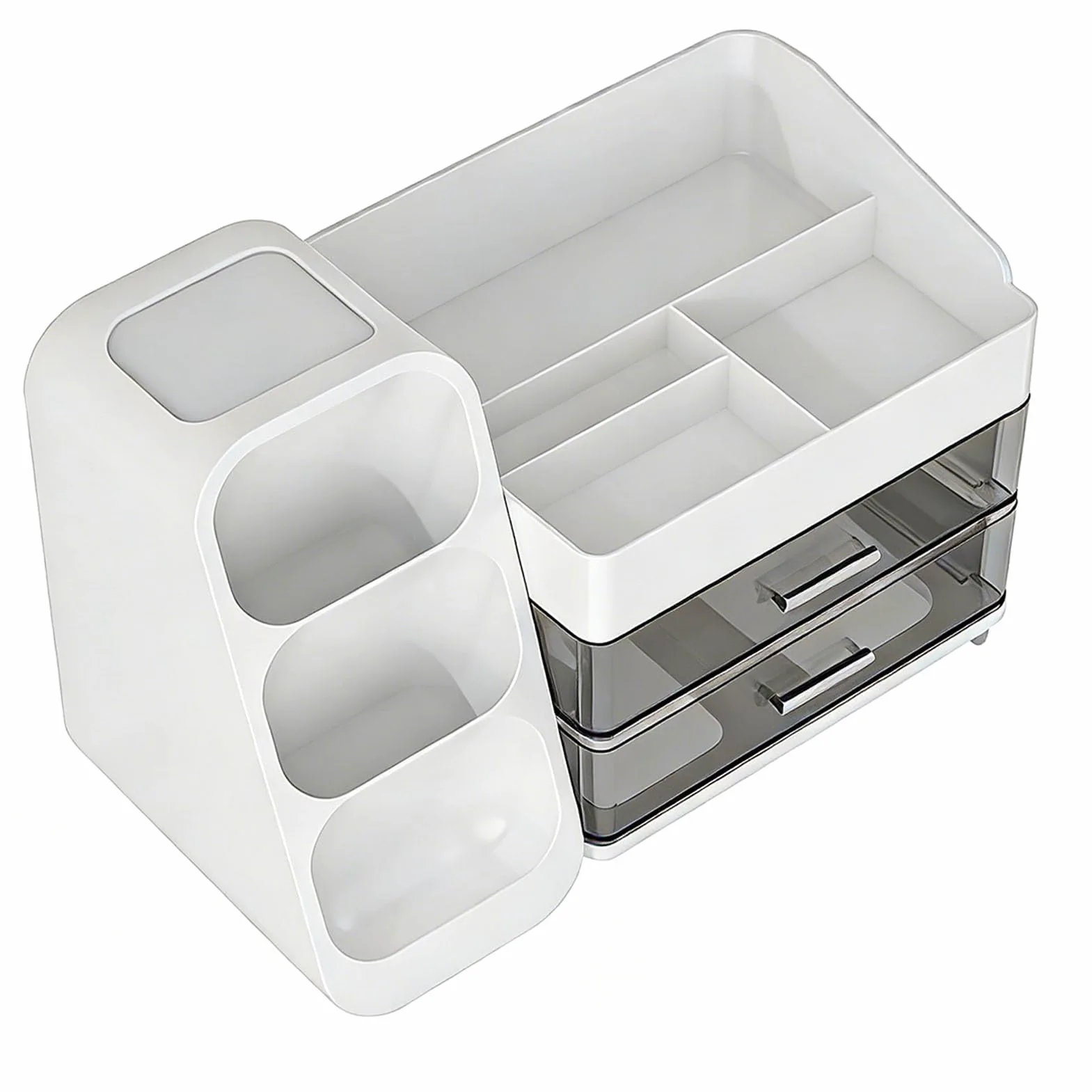 Grande Organizer per Trucchi con Cassetti, Scatola per Cosmetici da Bancone – 2 Cassetti e 6 Scomparti Trasparenti per Cura della Pelle, Pennelli per Trucco, Ombretti, Lozioni, Rossetti