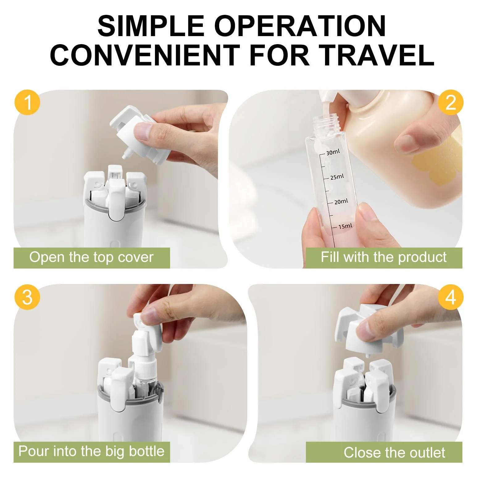 4 in 1 Bottiglie da Viaggio, Set Contenitori da Viaggio con Etichette, Bottiglie Ricaricabili per Shampoo, Balsamo, Lozione e Crema, Flaconi Portatili Antiperdita, Kit Viaggio Aereo Bagaglio a Mano