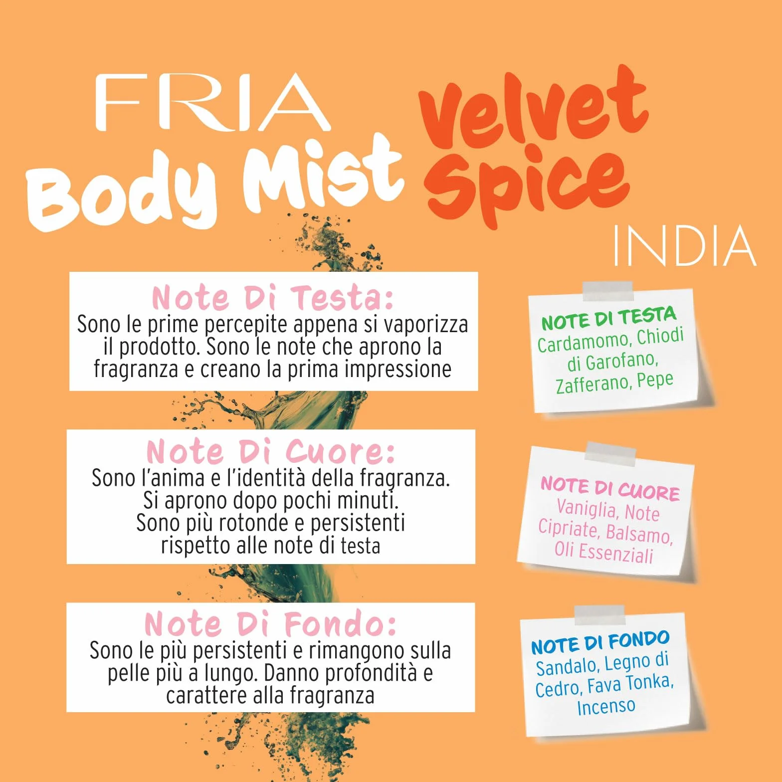 Fria Body Mist, Acqua Profumata Uomo e Donna, Fragranza Velvet Spice Speziata con Cardamomo, Zafferano e Vaniglia, Spray Corpo, 50 ml