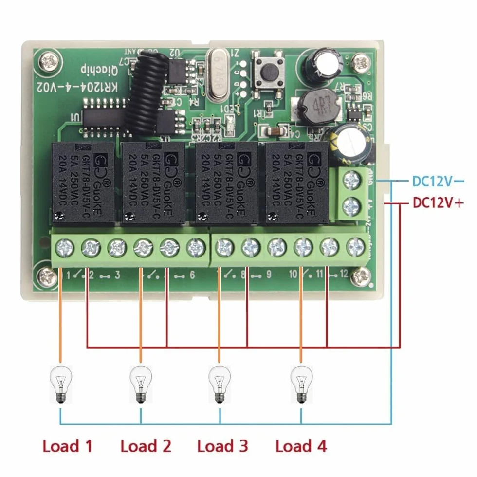 QIACHIP Bezprzewodowy zdalny przełącznik sterowania DC 12V 24V 4CH 10A 433MHz 4-kanałowy odbiornik przekaźnika z 2 nadajnikami RF