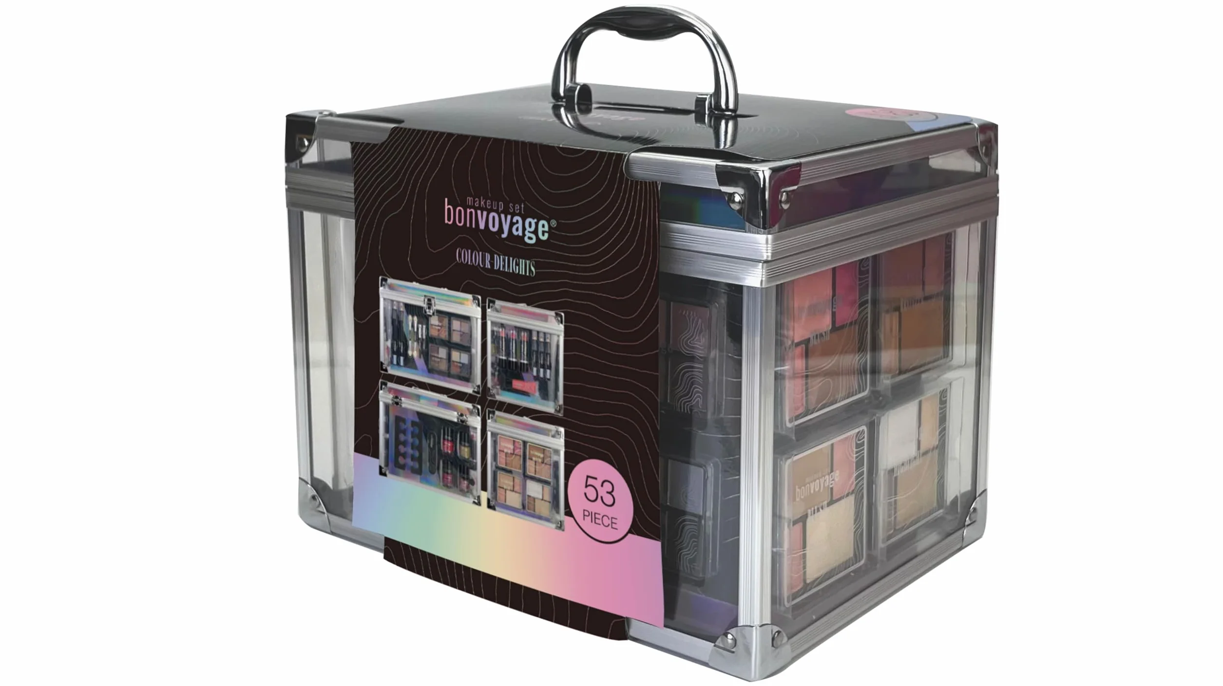 bonvoyage, Set Trucchi Donna, Include Rossetti, Ombretti, Fard, Bronzer, Illuminante, e Pennelli Make Up, Valigetta Trasparente Portatile e Leggera, Colour Delights