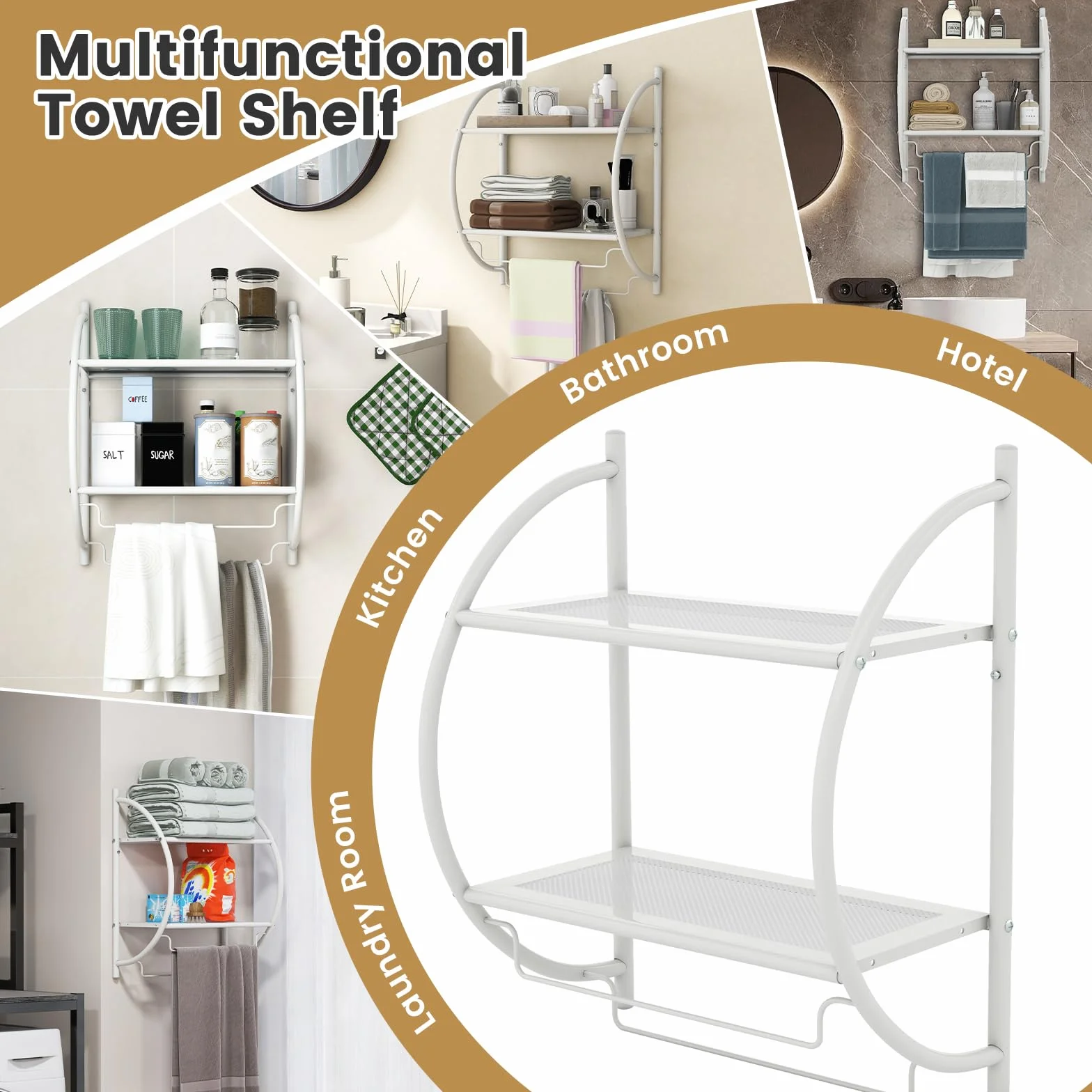 GIANTEX Porta Asciugamani Bagno da Parete, Mensola Doccia con 2 Ripiani e 2 Portasciugamani, Antiruggine, 45x25,5x55 cm Bianco