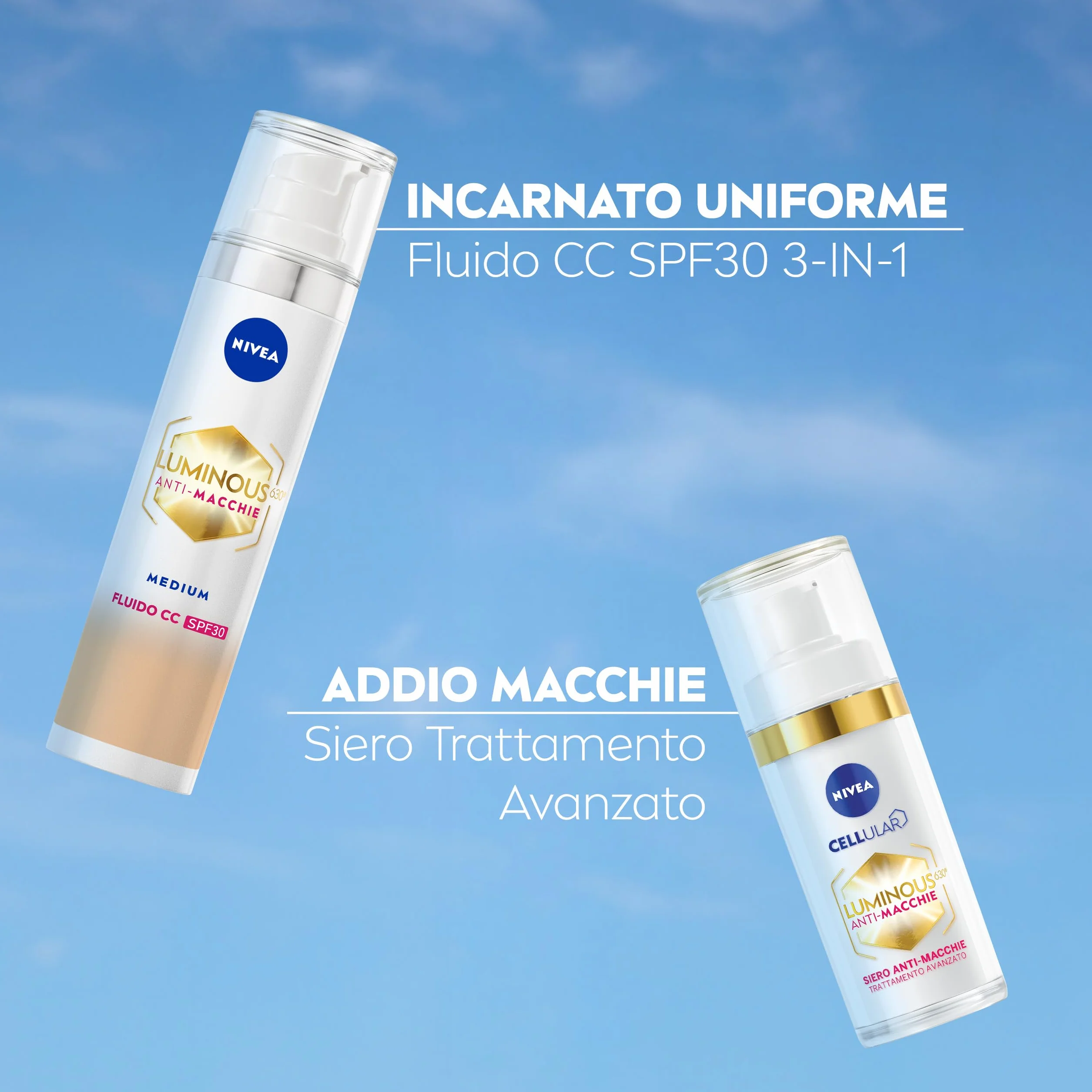NIVEA Luminous630 Routine, Cofanetto Set Skincare con Siero Viso Trattamento Avanzato 30 ml e Fluido CC Cream SPF 30 3-in-1 Medium 40 ml per la cura completa delle macchie – Kit Esclusiva Amazon