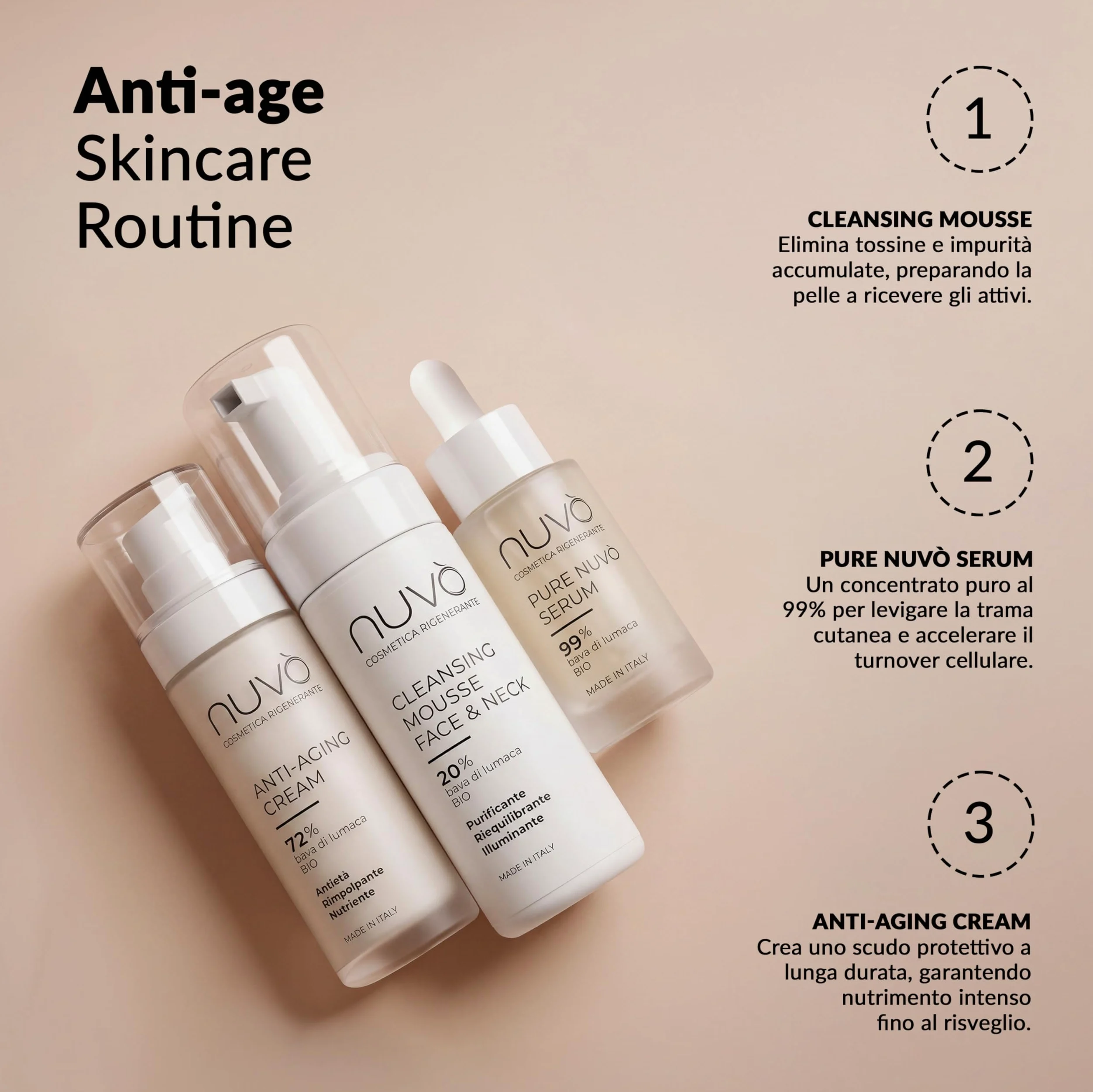 Nuvò - Crema Viso Antirughe con Bava di Lumaca Bio 72%, Anti Aging, 50 ml | con Acido Ialuronico, Olio di Argan, Vitamina C ed E, Crema Idratante Viso ideale per Contrastare le Rughe, Made in Italy