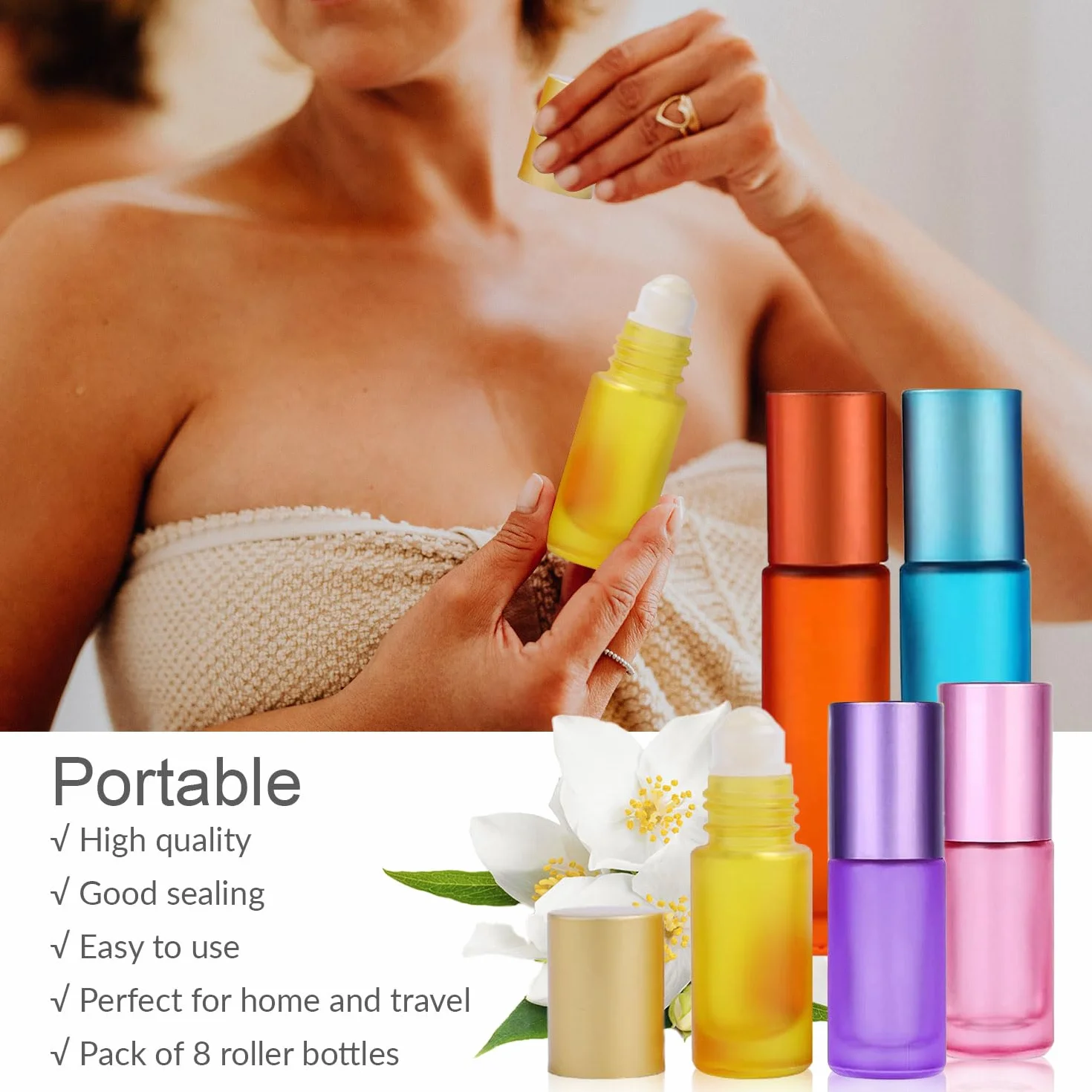 8 bottiglie di vetro Roll on per olio essenziale, riempibili, con pipetta, 10 ml, 5 ml, colori vari, per profumi, massaggi