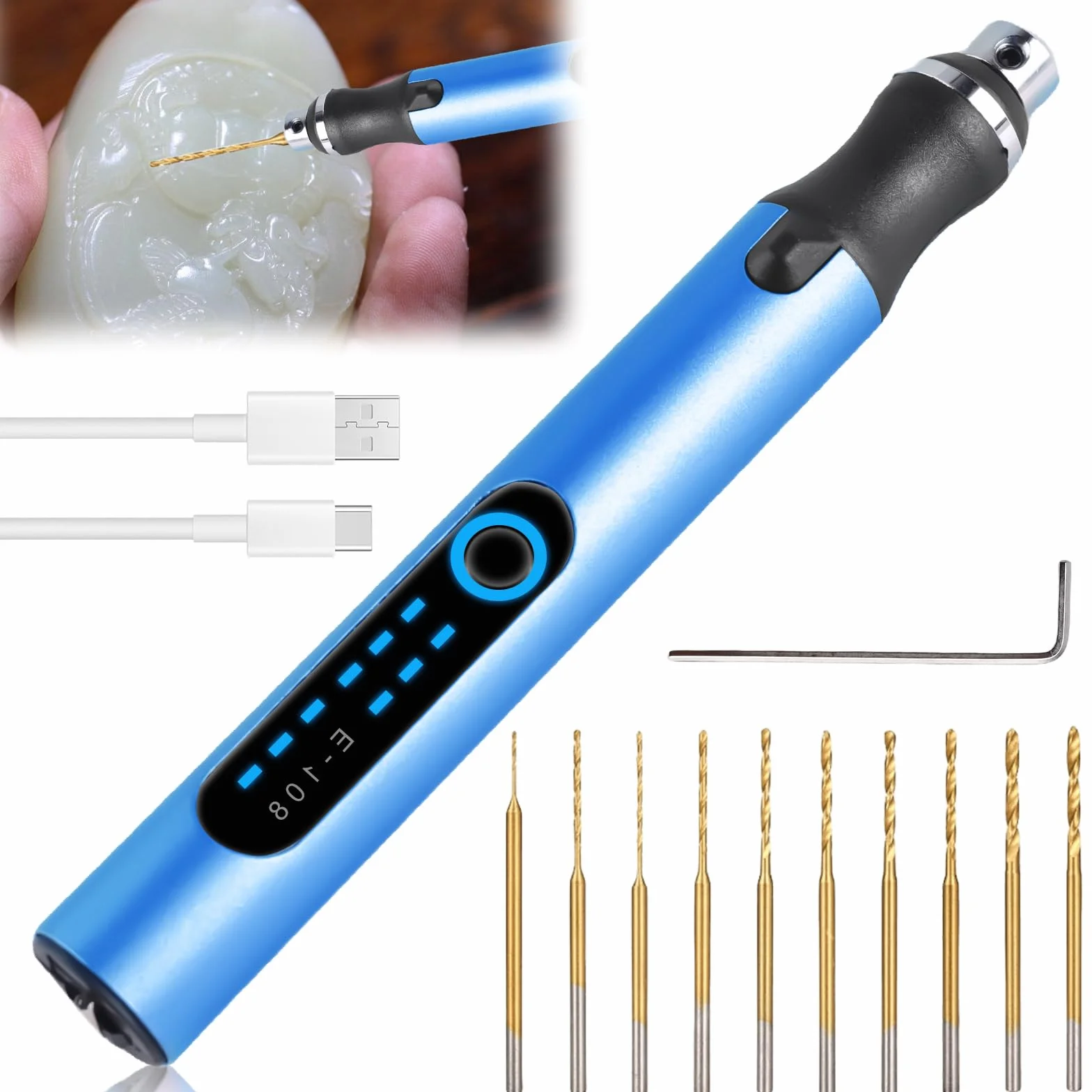 Mini Trapano Ricaricabile Elettrico a Mano 3 Marce con 10 Punte per Gioielli Resina Plastica Legno Pelle