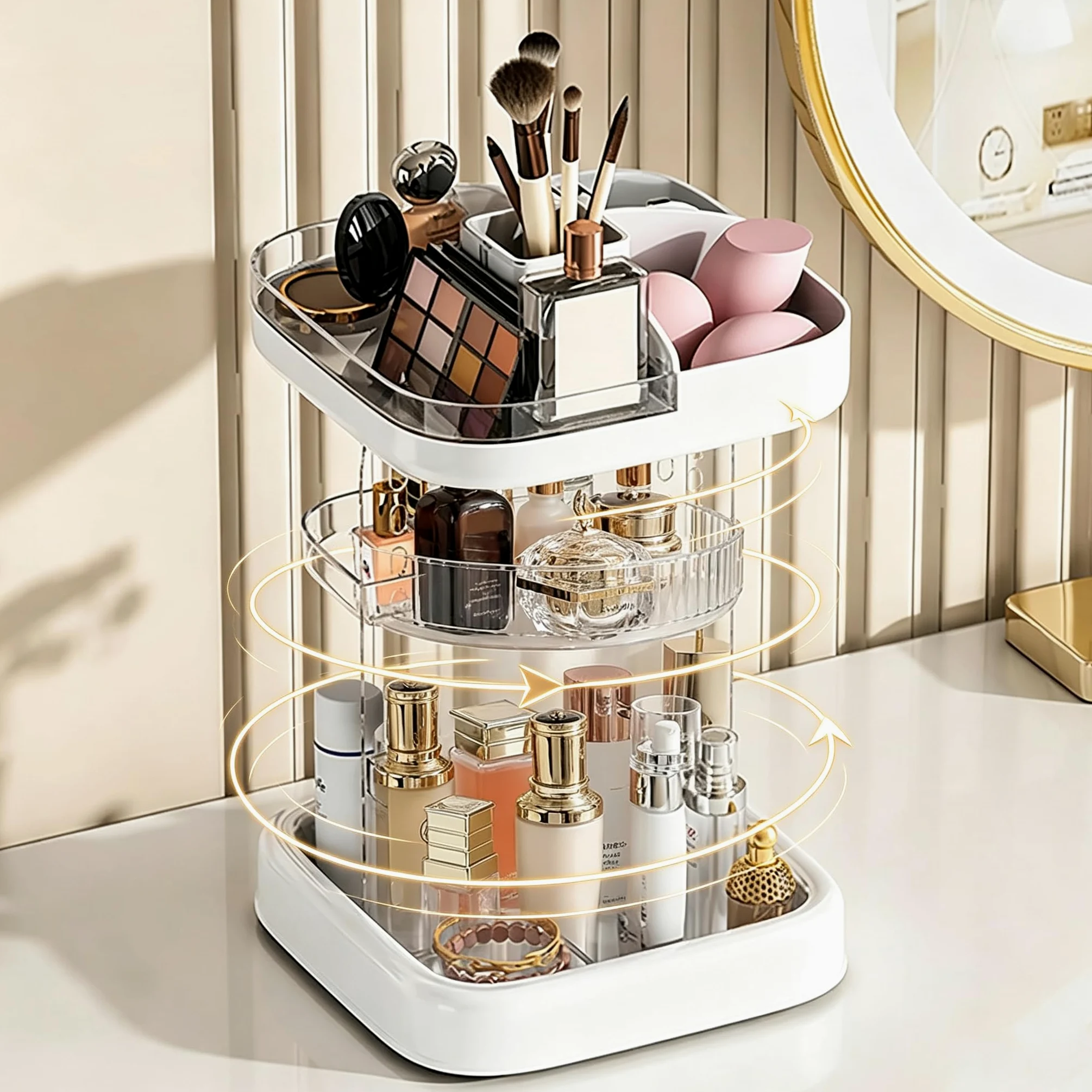 Organizer per trucchi girevole a 360° per piano di lavoro, altezza regolabile, per cosmetici e prodotti per la cura della pelle, espositore trasparente per profumi e cosmetici, con porta pennelli
