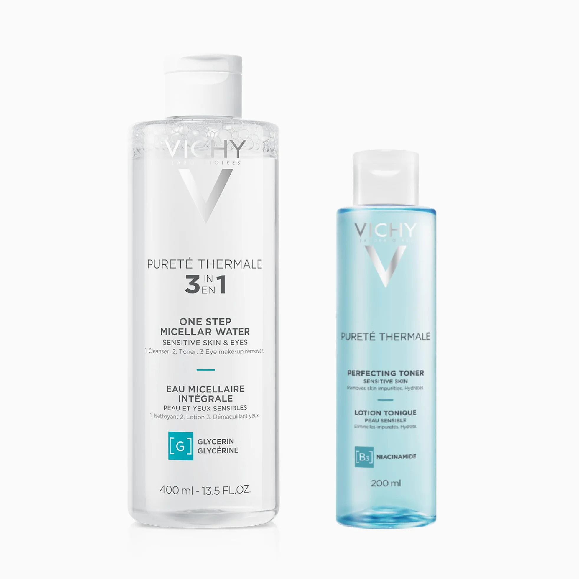 VICHY | Set Pureté Thermale | Acqua Micellare Minerale Pelle Sensibile 200 ml + Lozione Tonica Perfezionatrice 200 ml | Detergente e struccante delicato, lenitivo e idratante per il viso