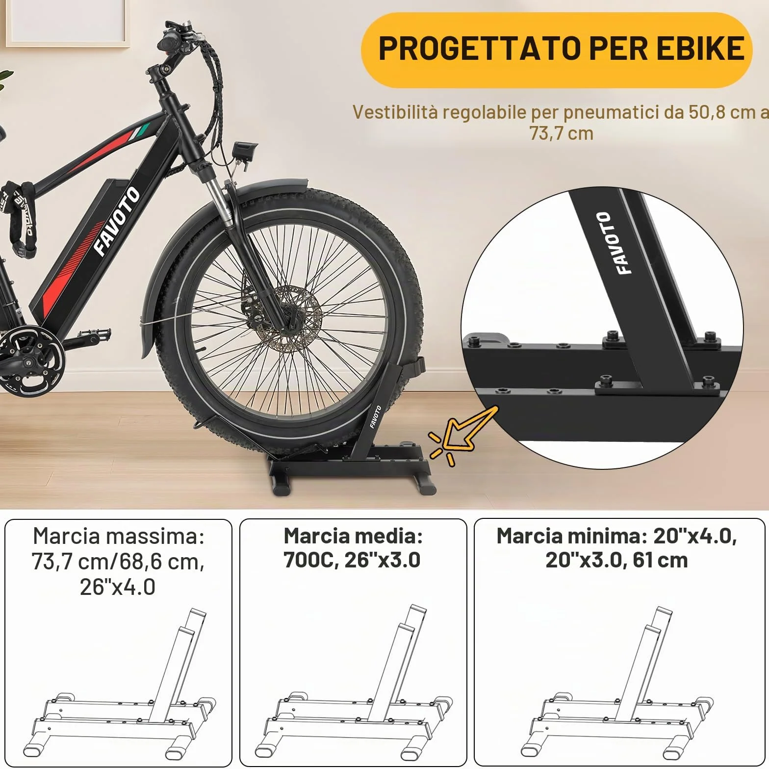 Favoto Cavalletto per E-Bike e Biciclette - Supporto da Pavimento per Bici Elettriche e Tradizionali 20-29 Pollici 38kg Nero