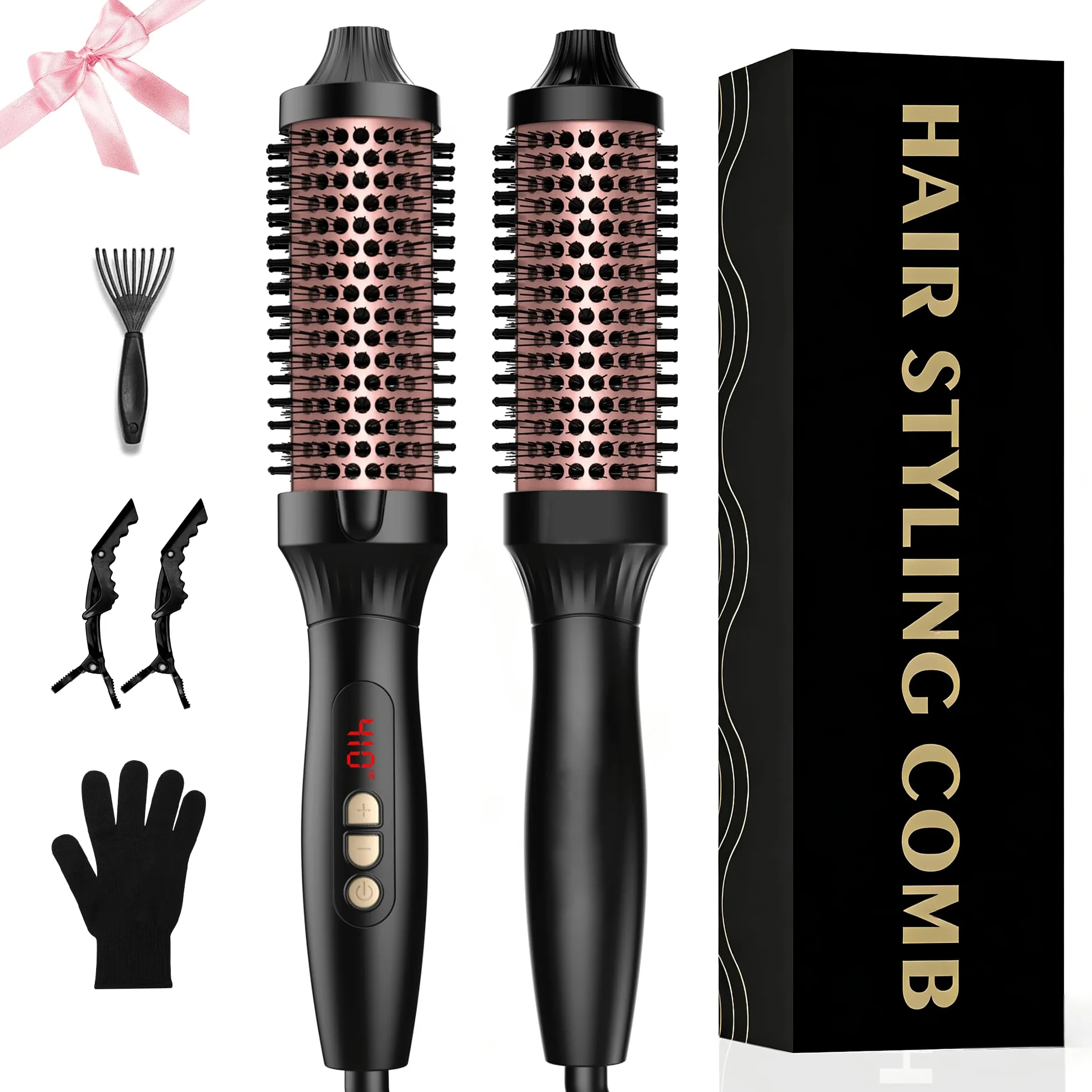 UKLISS Spazzola termica Thermal Brush 38 mm spazzola termica rotonda spazzola arricciacapelli | Display LCD [120-210℃], per ricci naturali e aspetto più liscio, doppia tensione per viaggi (oro rosa)