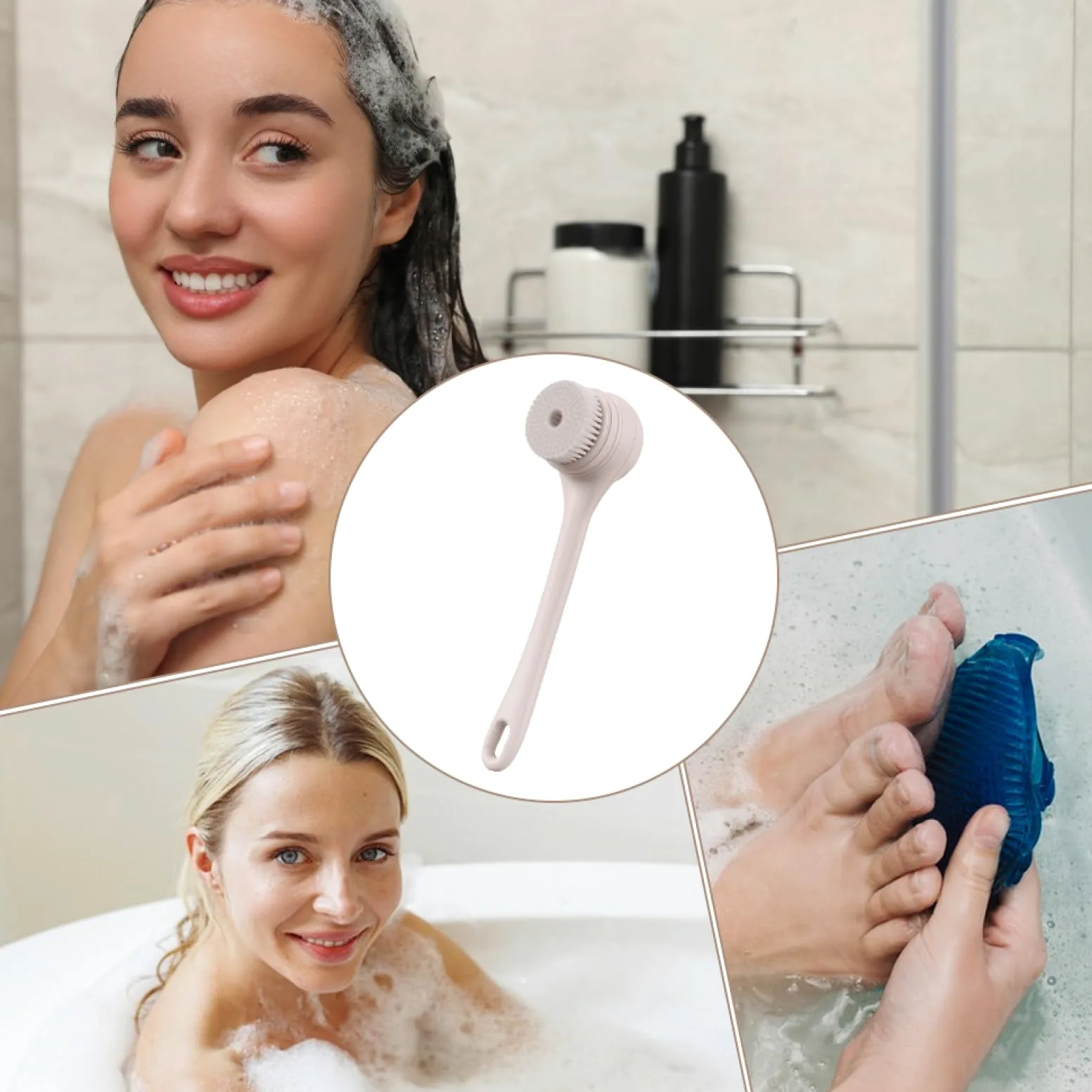 Scrubber per la schiena per doccia, spazzola da bagno con doppio manico | Scrubber per il corpo con spazzole per bagno e corpo con ricarica USB impermeabile | Spazzola elettrica a batteria grande con