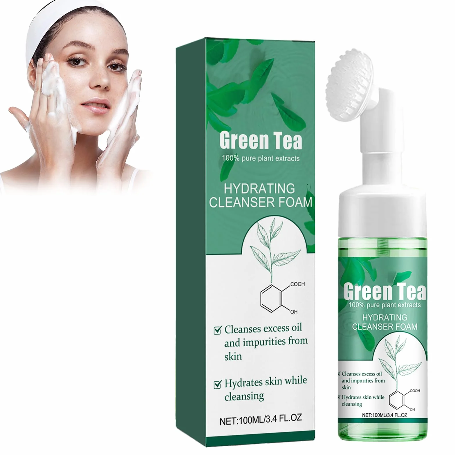 Shefave Schiuma per la pulizia del, tea tree, schiuma detergente, con spazzola per la pulizia del viso, detergente per i punti neri, controllo dell'olio, Siero di tè verde