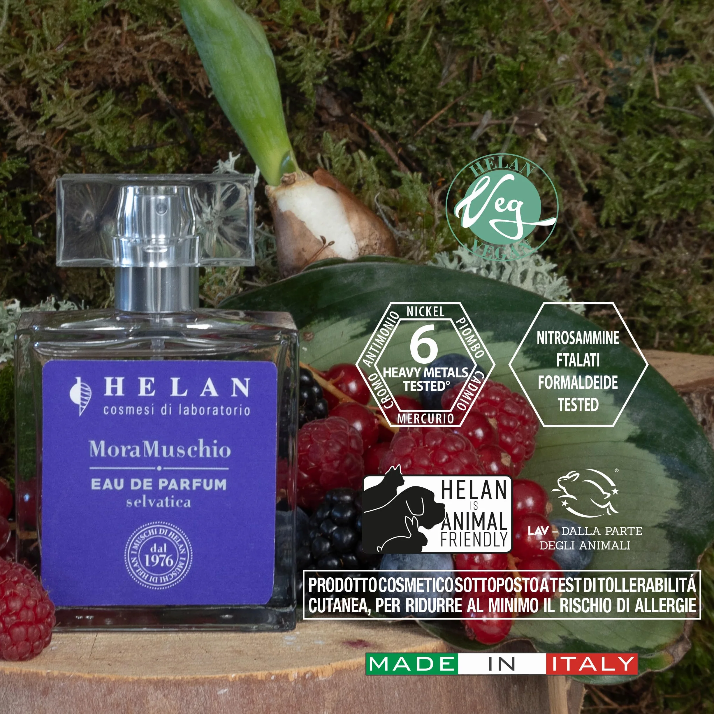 Helan Mora Muschio - Profumo Donna Eau de Parfum Selvatica, Fragranza Fruttata, Floreale e Muschiata con Mora, Lampone, Mirtillo, Rosa Selvatica e Legno di Sandalo - 50 ml, Made in Italy