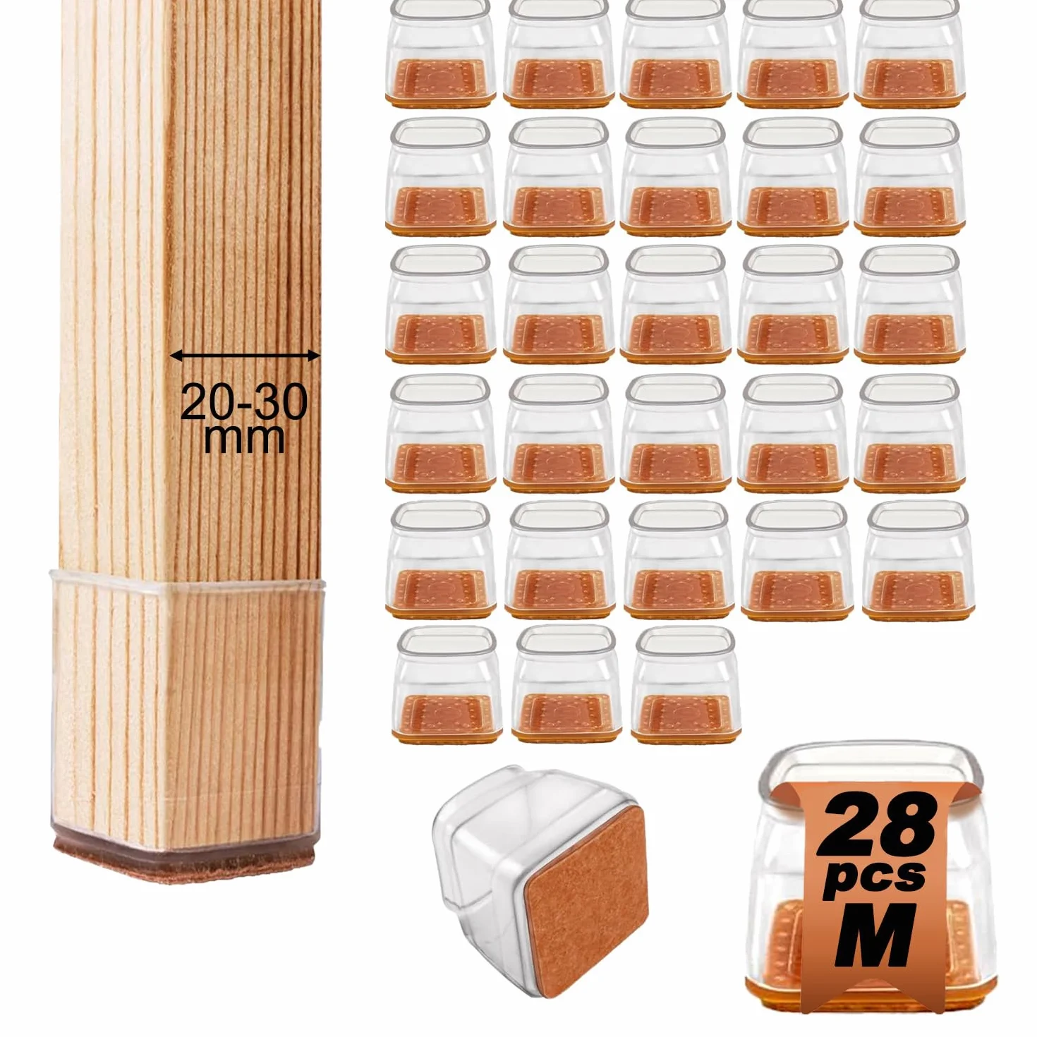 Feltrini per Sedie Quadrati in Silicone con Feltro, Proteggi Gambe Mobili 20-30mm, Antigraffio