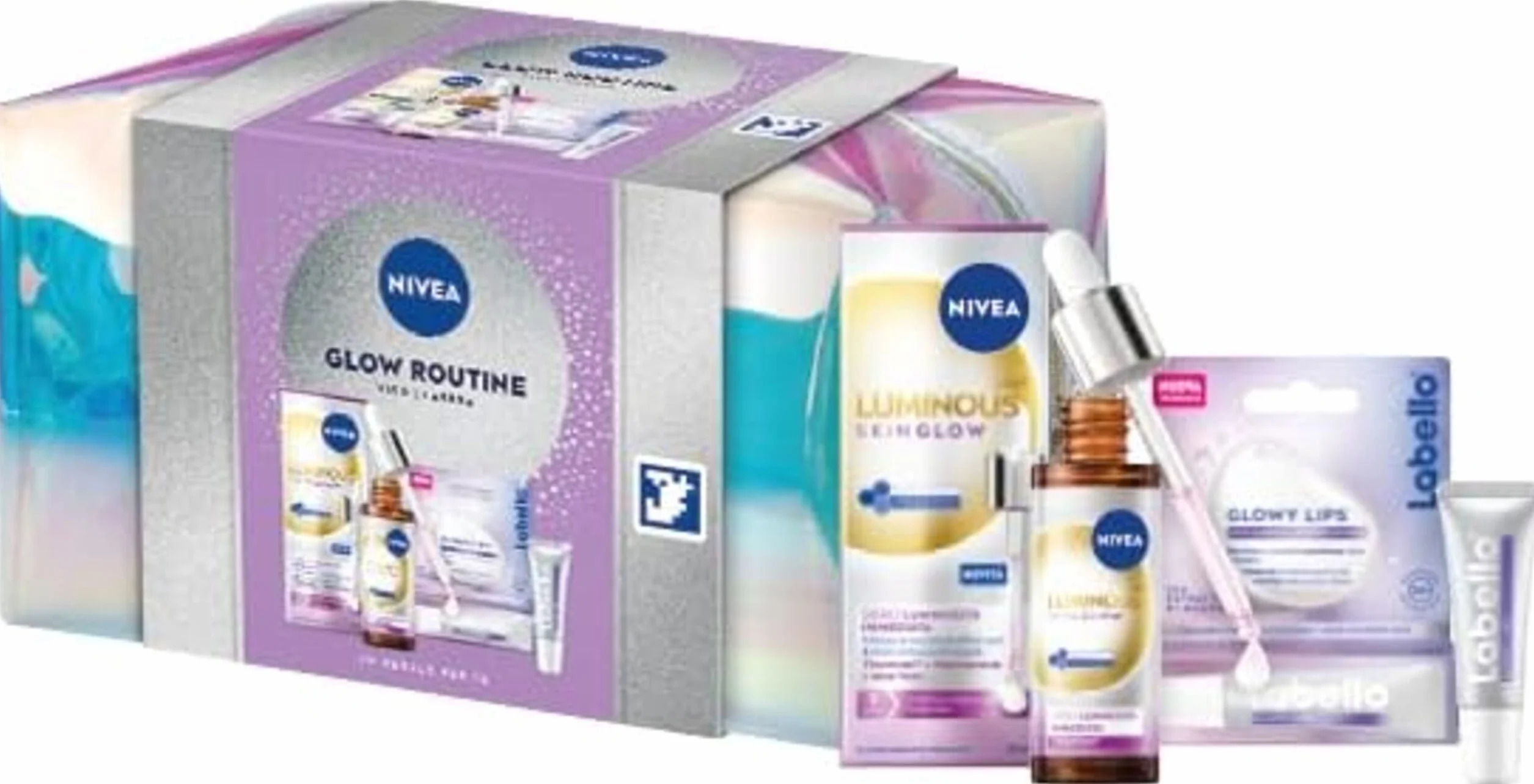 NIVEA Glow Routine Cofanetto regalo donna, Set regalo donna con Luminous630 Skin Glow Siero Viso Luminosità Immediata 30 ml, Labello Burrocacao Labbra Glowy Lips 10 ml e travel bag omaggio inclusa