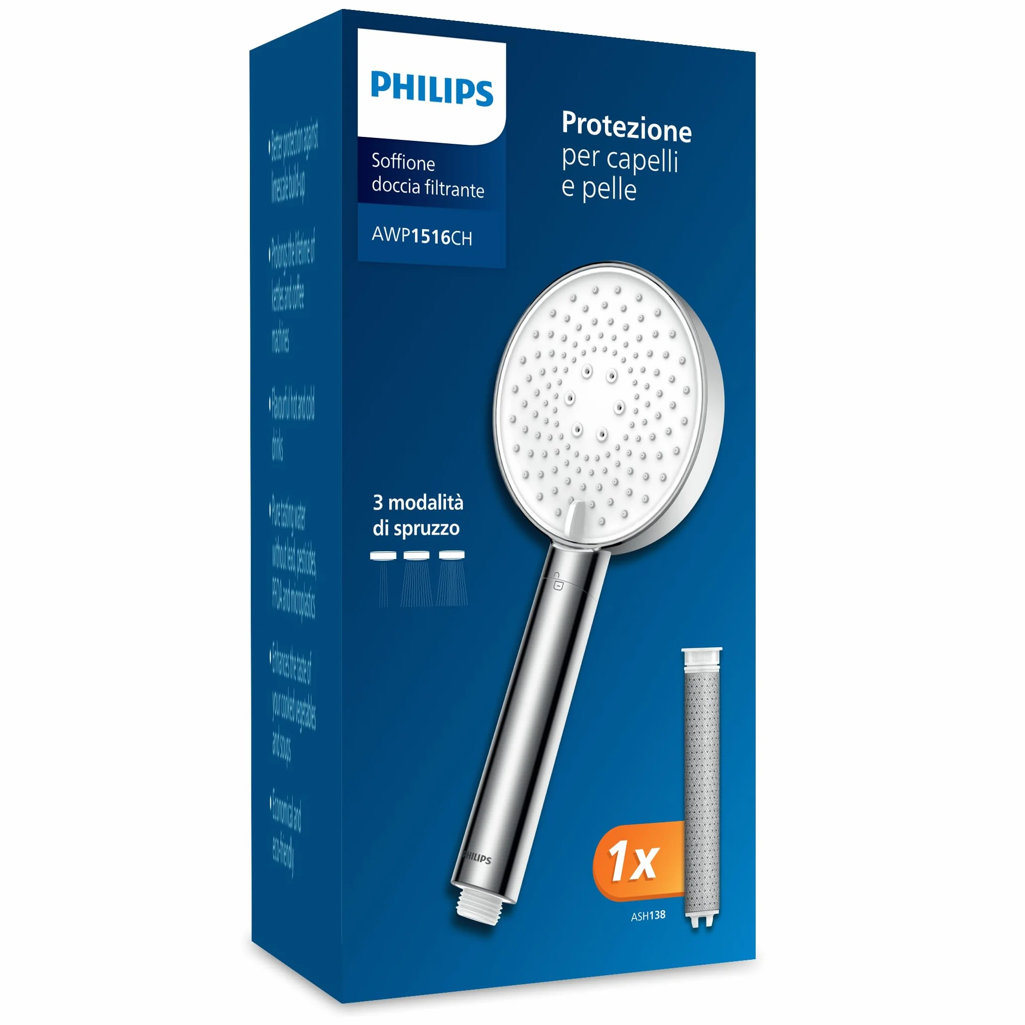 Philips Soffione doccia con filtro rimuove cloro particelle tre modalità spruzzo design rinforzante capacità filtro 1 mese
