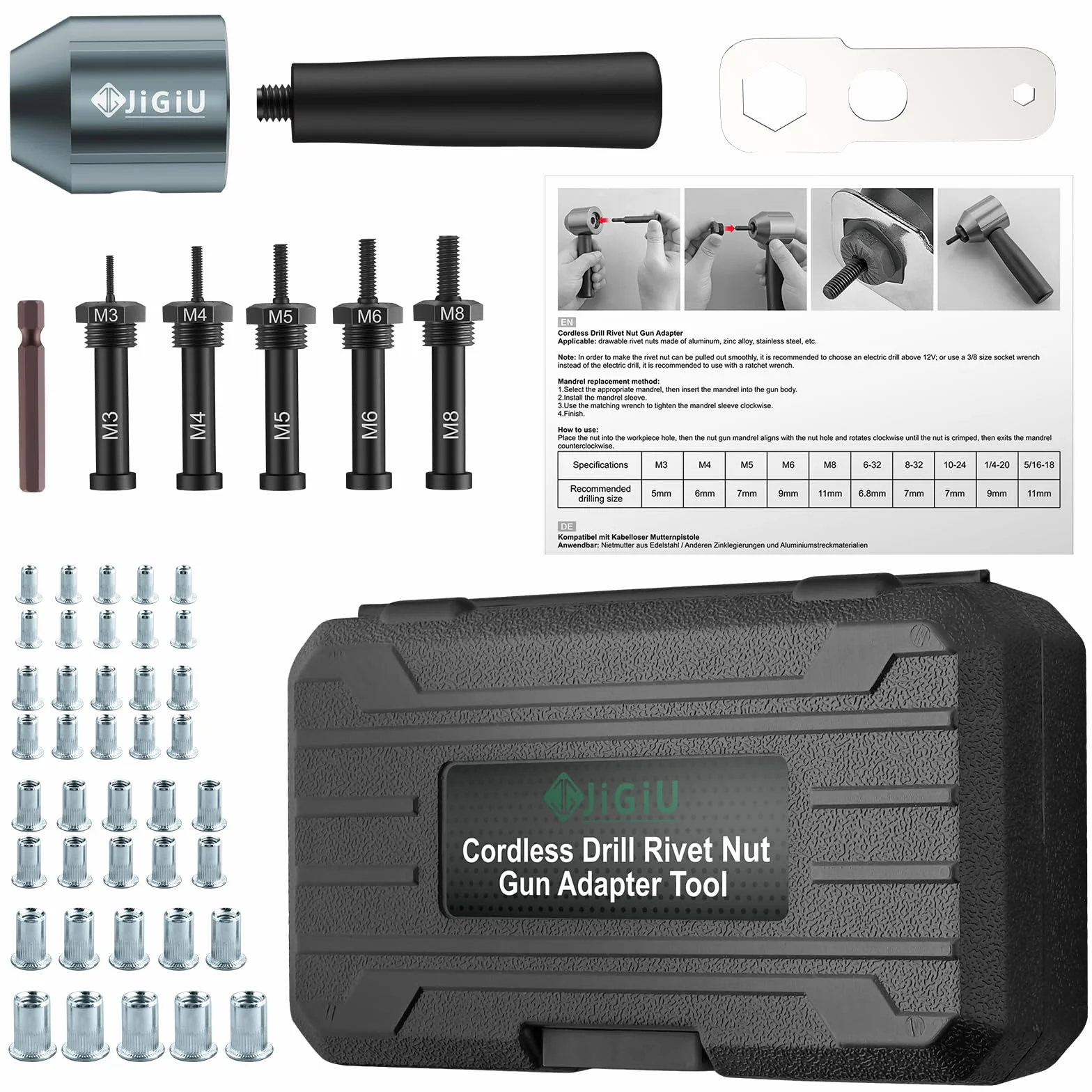 Rivettatrice per Dadi Professionale M3-M8 5 Mandrini 40pcs Rivetti Dadi Adattatore con Custodia