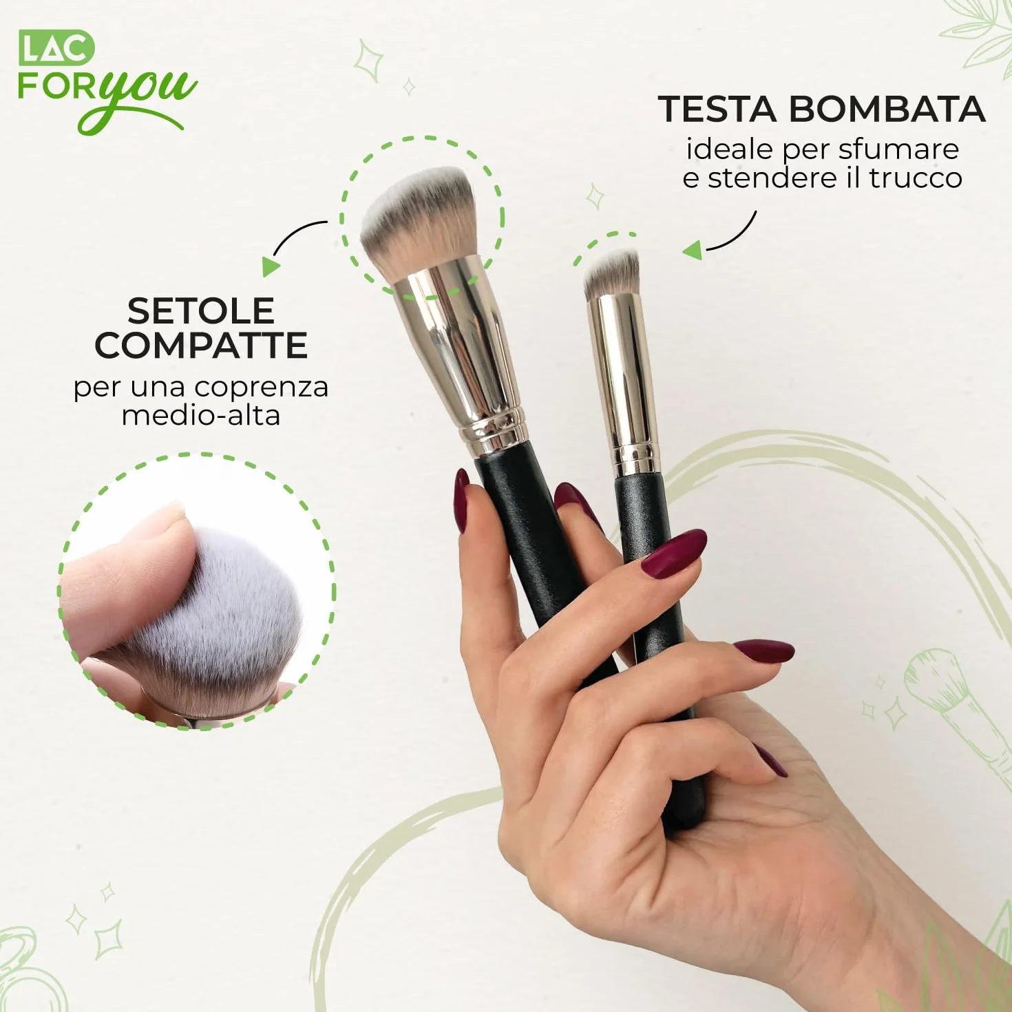 LAC FOR YOU Set 2 Pennelli Fondotinta & Correttore – Pennello Fondotinta Obliquo a Setole Dense e Pennello Correttore Precisione Occhiaie – Manico Cilindrico Ergonomico