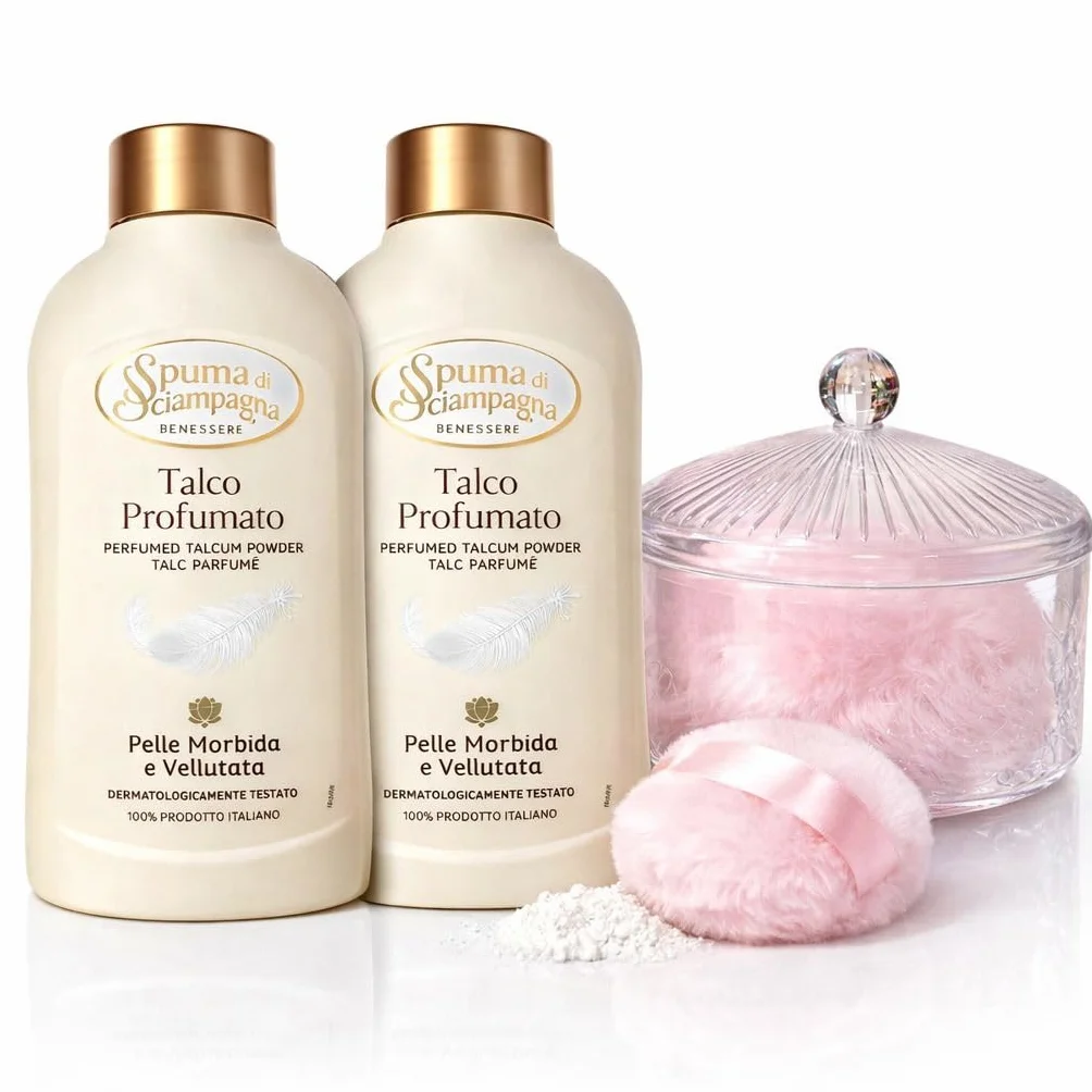 Spuma di Sciampagna Kit Talco Profumato 2 x 200g con Porta Cipria e Piumino, Polvere Corpo, Profumazione Classica, Set Bellezza Donna - Pelle Morbida e Vallutata