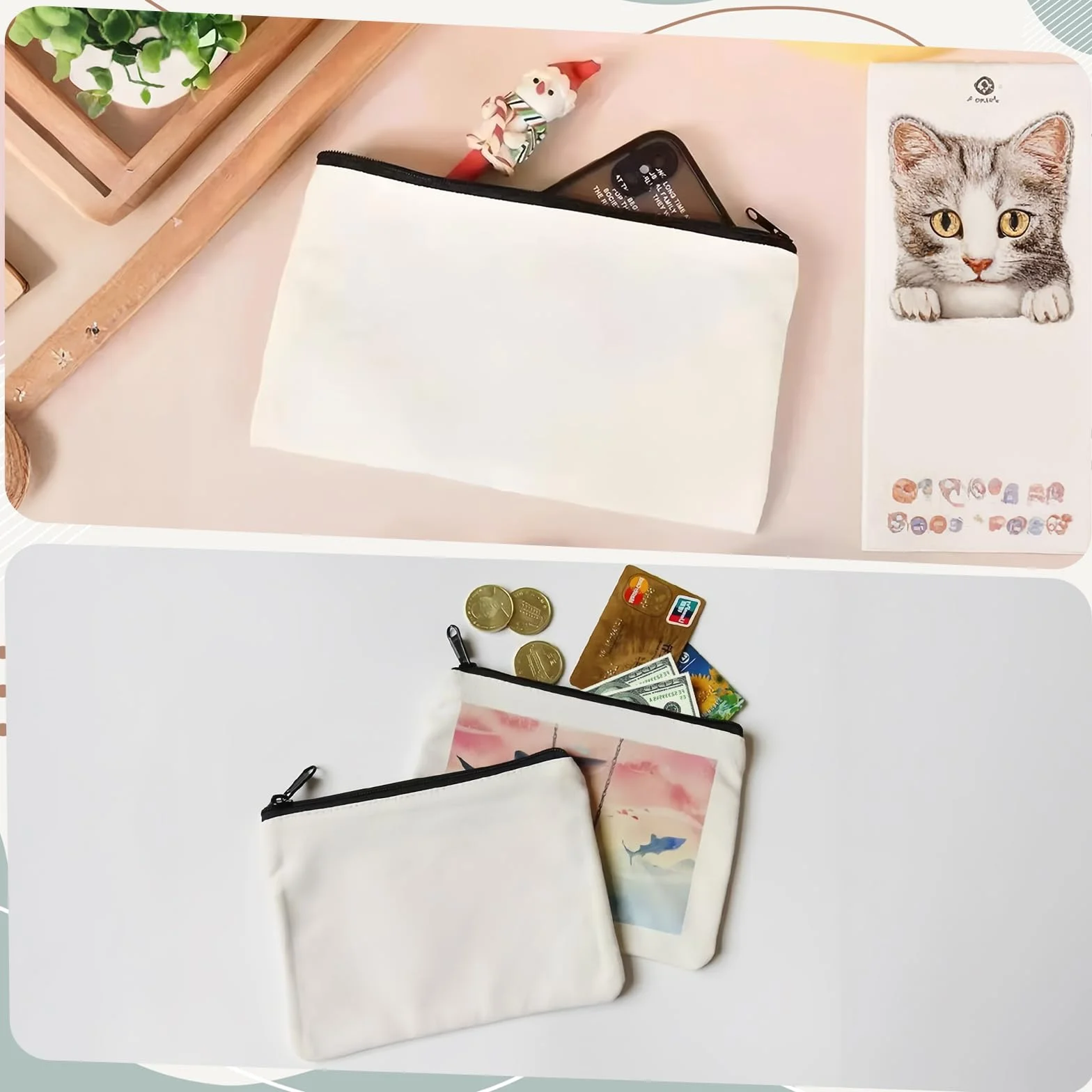 5 Pezzi Borsa per cosmetici in Tela,24x5x16cm Pochette in Tela Bianca con Cerniera,Astuccio Vuoto Fai da Te per Trucco,Matite,Pittura,Viaggi,Borse Cosmetica Multifunzionale Donna Regalo Creativo