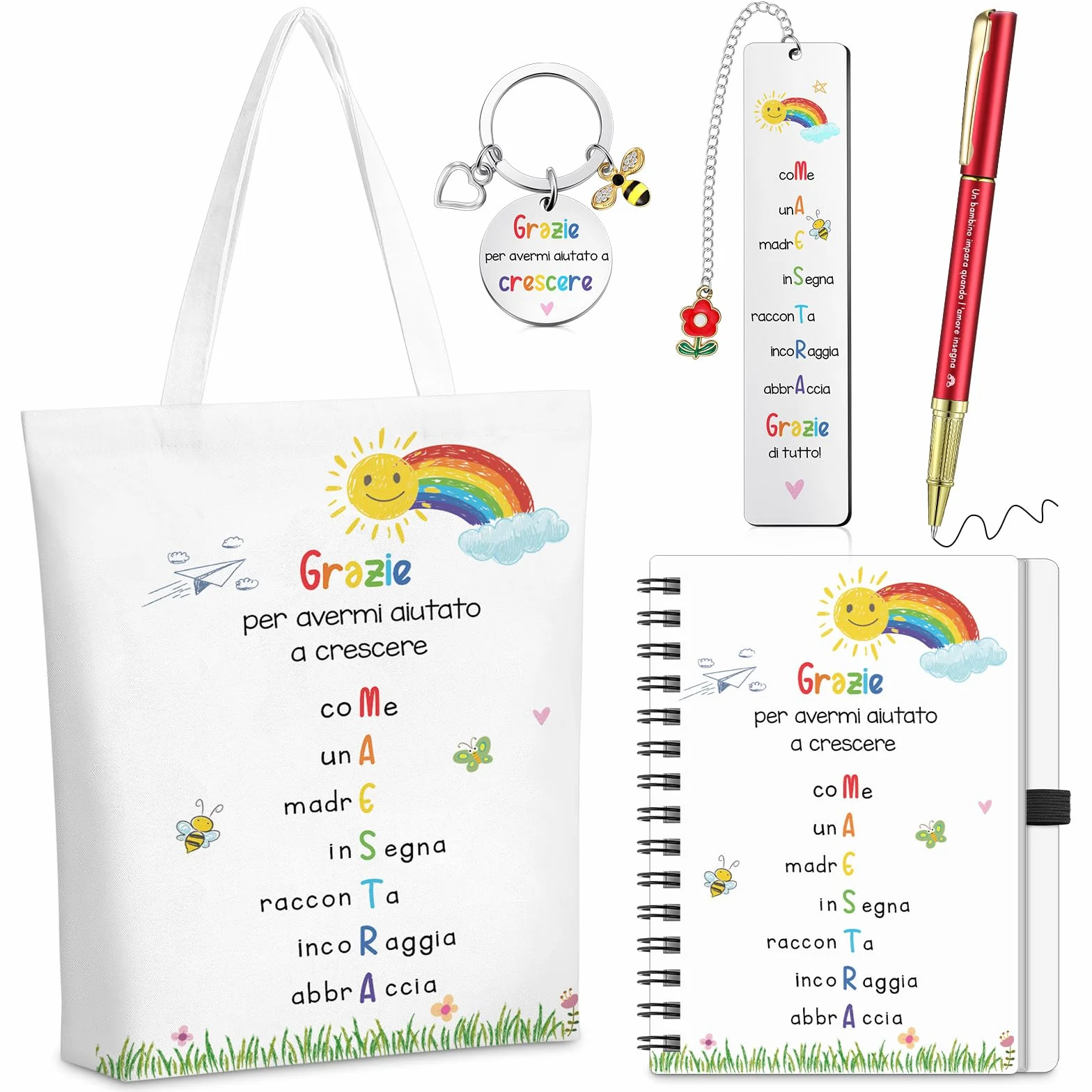 Hestya 5 Pezzi Regalo di Ringraziamento per Insegnante Include Borsa a Tracolla Blocco Note a Spiralato Portatile Portachiavi Segnalibri Penne a Sfera Regalo Maestre Fine Anno