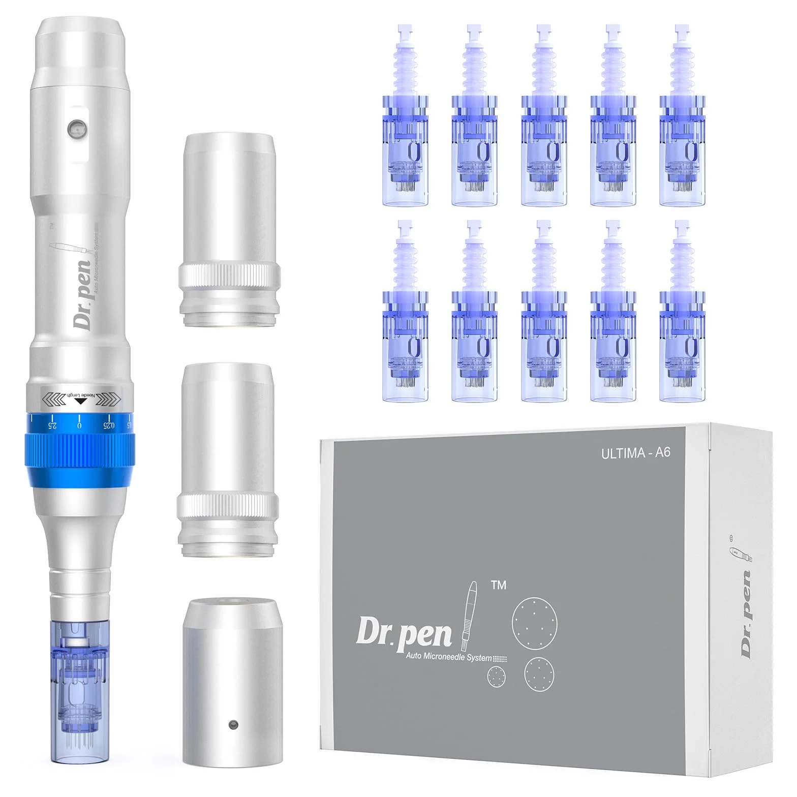 Dr.Pen - Penna per microneedling A6 per viso e corpo, Derma Pen per siero cicatrici a 5 velocità di profondità, regolabile, con 2 batterie di riserva e 10 cartucce, con cavo a 36 pin e spina UK