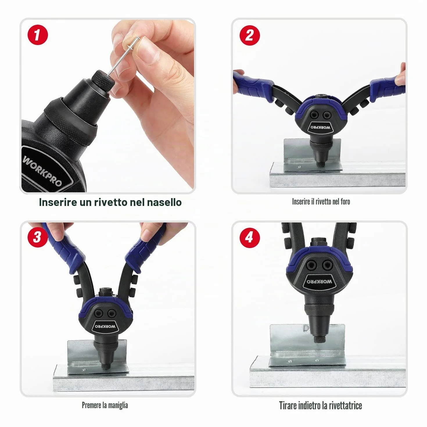 WORKPRO Rivettatrice Manuale con 5 Teste Intercambiabili, Pistola a Rivetti per Installazione Mobili