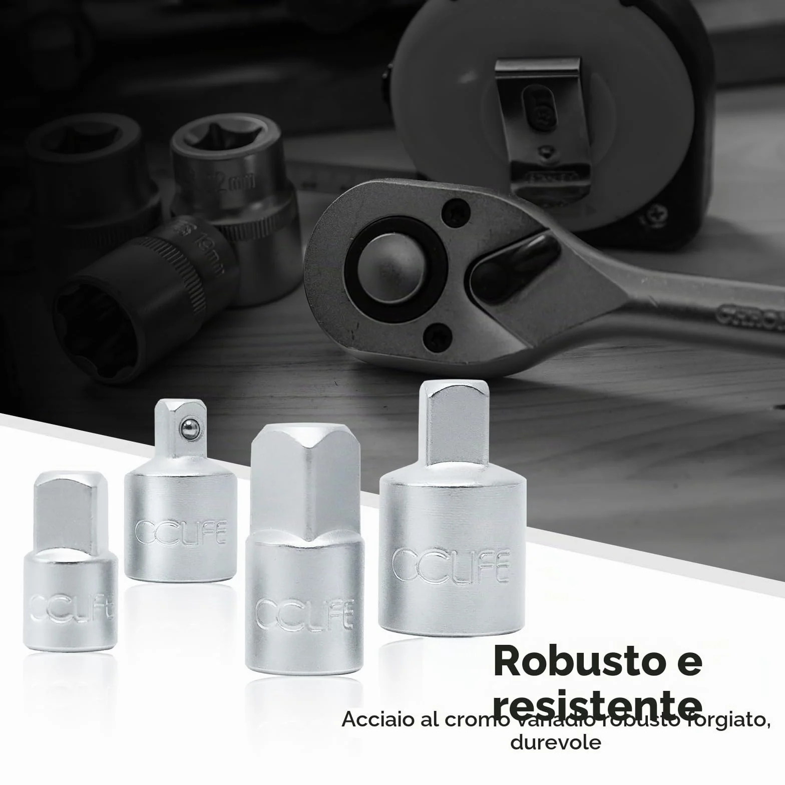 CCLIFE Set di Adattatori per Bussole 1/2" 3/8" 1/4" per Chiavi a Cricchetto o Dinamometrica 4 Pezzi