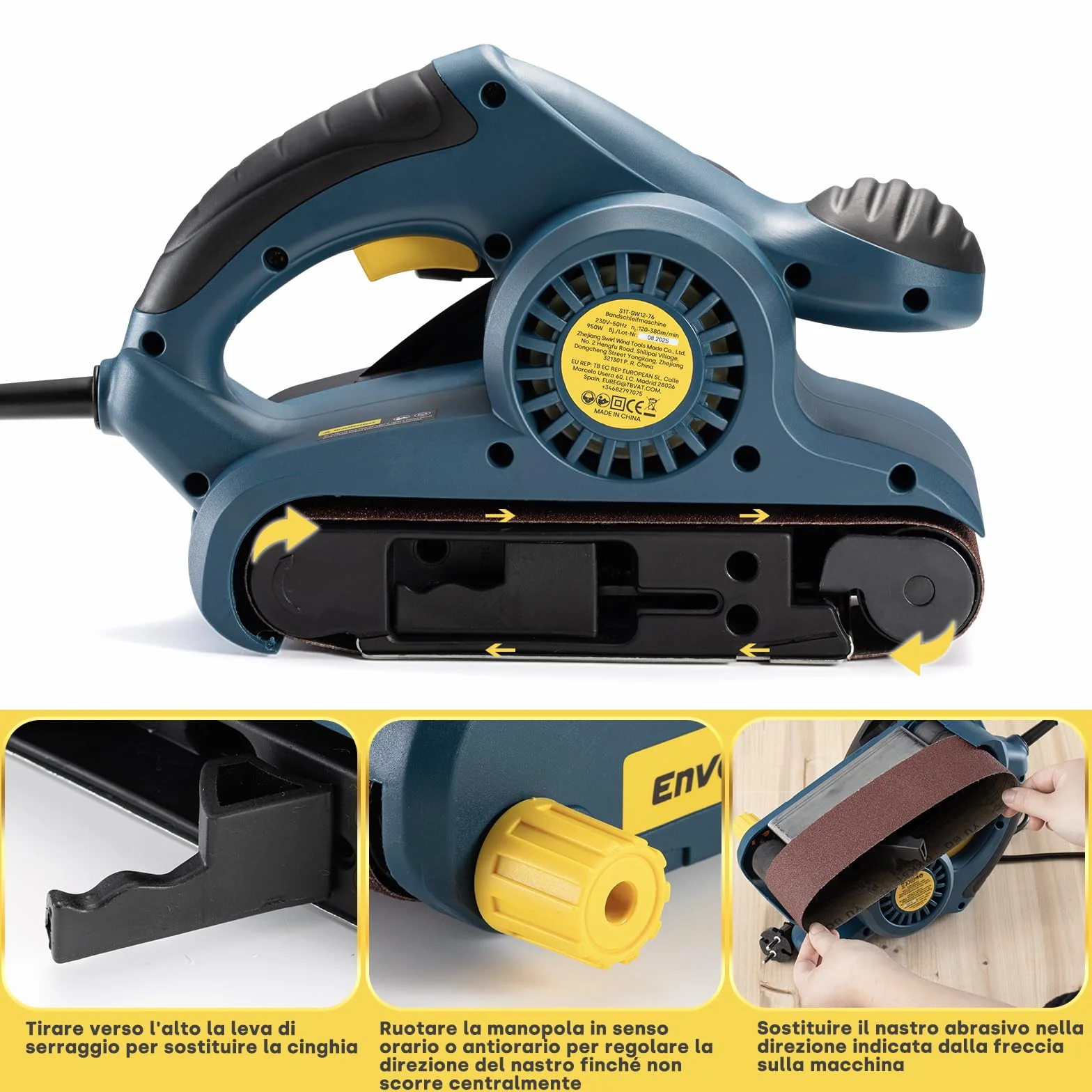 Enventor Levigatrice a Nastro 950W 6 Velocità 120-380m/min 12 Nastri Abrasivi 76 x 533mm Sacchetto Raccoglipolvere
