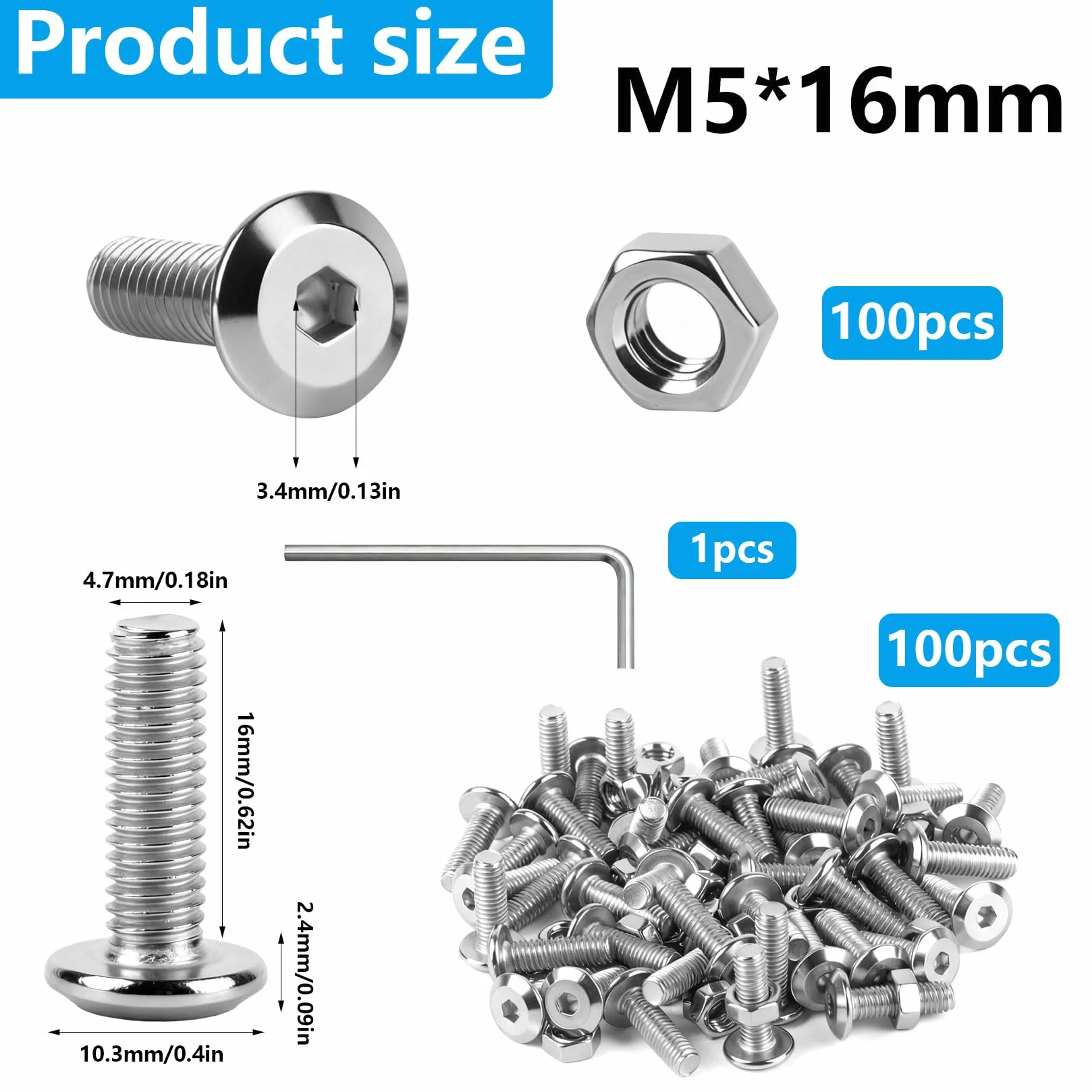 Set Viti M5 x 16 mm Testa Svasata Esagono Incassato Acciaio Inox Viti Bulloni Dadi Rondelle